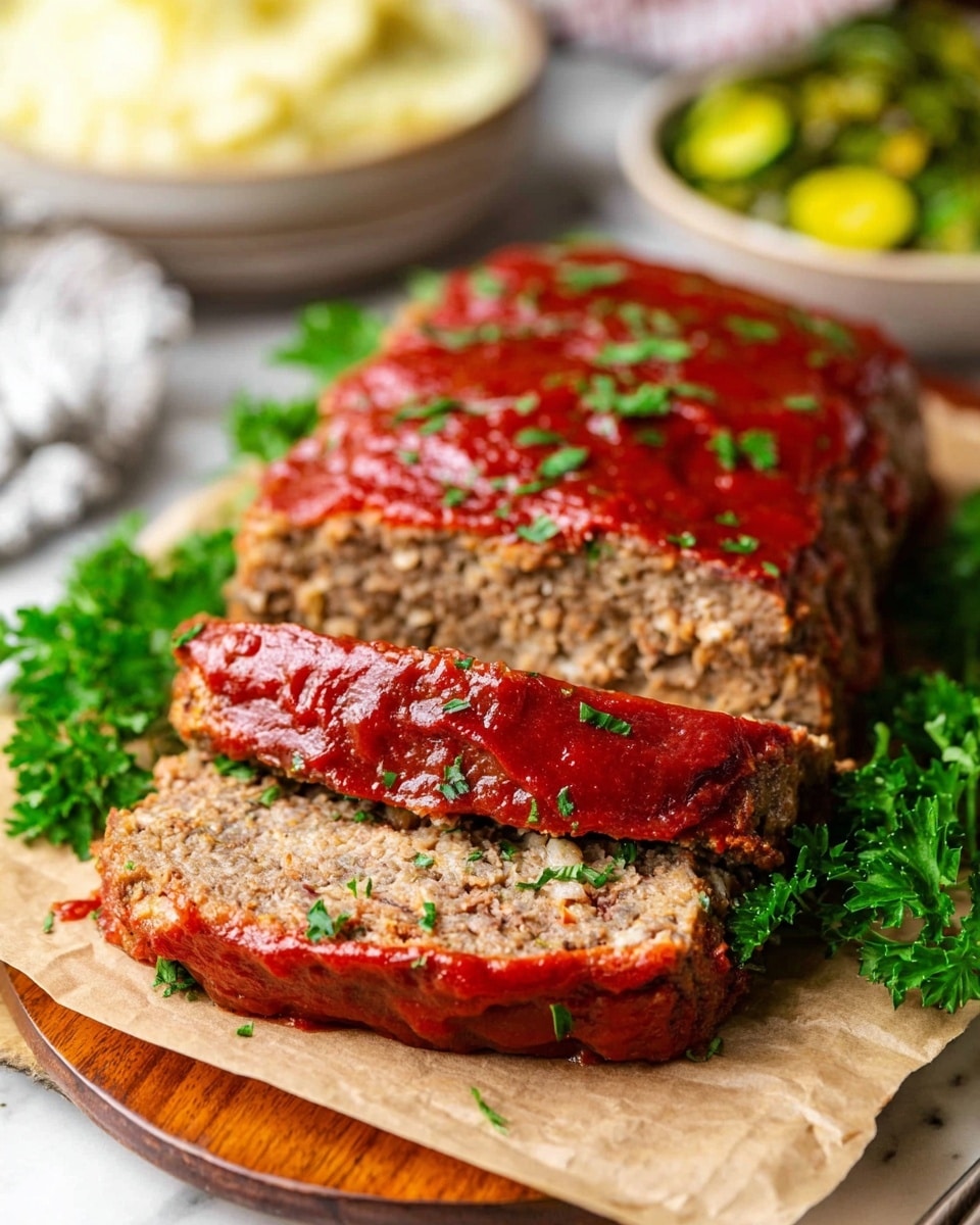 The image shows a sliced meatloaf with five visible thick slices, each topped with a layer of shiny red tomato sauce. The meatloaf has a coarse texture with small visible bits of seasoning, and it is placed on a white plate with decorative edges. Around the meatloaf, fresh green parsley is used as garnish, creating a contrast of green against the red and brown meat. The plate rests on a wooden cutting board, and in the background, there are two white bowls, one filled with mashed potatoes that look creamy and smooth, and the other with roasted broccoli with visible char marks. The surface beneath everything is a white marble texture. photo taken with an iphone --ar 4:5 --v 7