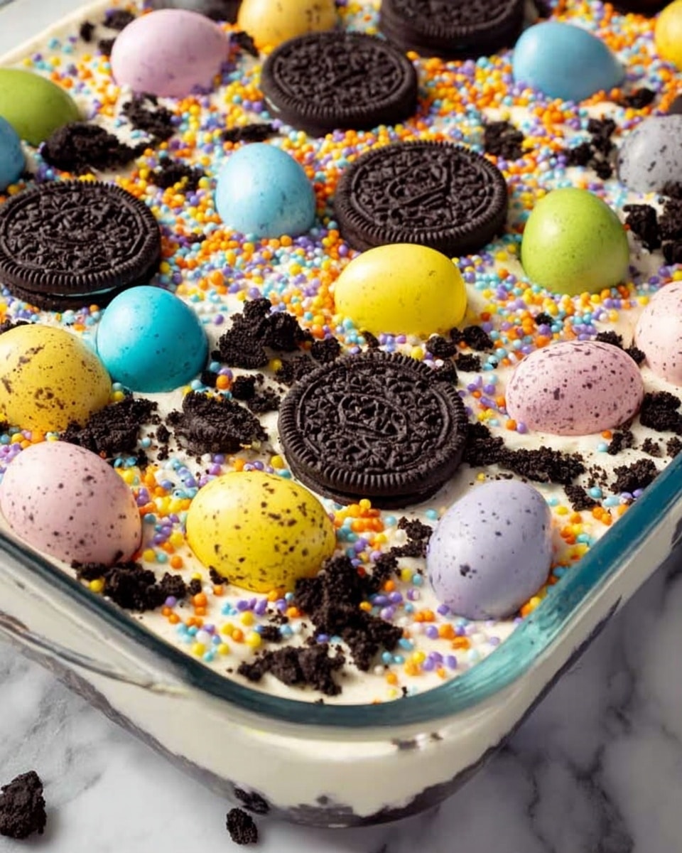 A white plate holds a layered dessert with three main layers. The bottom and middle layers are dark, crumbly chocolate cookie crumbs, and the middle layer has colorful candy pieces embedded in it. The top layer is made of white whipped cream with multicolored small round sprinkles spread over it. On top, there are mini stuffed chocolate cookies and pastel-colored candy eggs in pink, yellow, green, and blue. The dessert is slightly messy with some crumbs and candy pieces around it. In the background, a clear glass casserole dish shows the same layered dessert filled inside, sitting on a white marbled surface with a white subway tile background. photo taken with an iphone --ar 4:5 --v 7