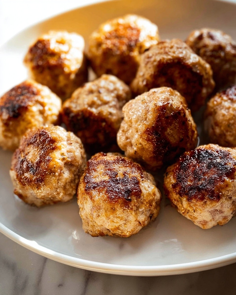 The dish shows several golden-brown meatballs arranged closely together on a white round plate. Each meatball has a slightly rough and crispy texture on the outside with some dark brown spots from cooking. The meatballs are plump and round with a warm, light brown color on the inside. The plate sits on a white marbled surface, and the lighting highlights the juicy and textured surface of each meatball. photo taken with an iphone --ar 4:5 --v 7