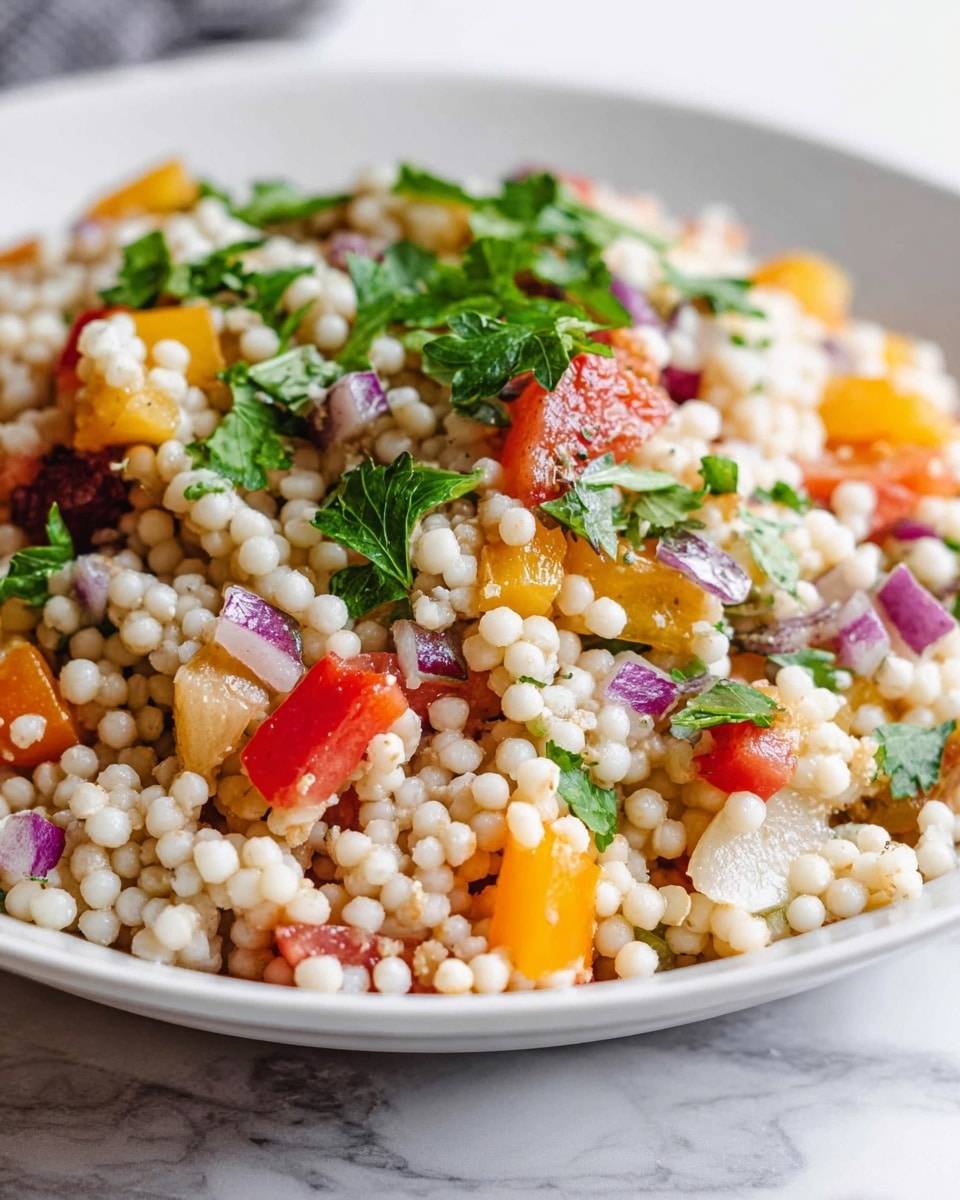 A close-up of a white plate filled with a mixed couscous salad, showing small, round, pearl-like couscous grains in an off-white color as the main base layer. Mixed in are diced purple onions, yellow and orange bell pepper pieces, and small chunks of red tomato, adding splashes of purple, yellow, orange, and red colors throughout. The top layer has fresh green parsley leaves scattered over the salad. The plate sits on a white marbled surface. photo taken with an iphone --ar 4:5 --v 7