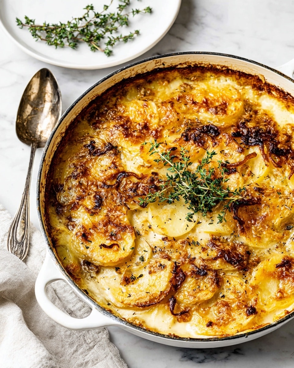 A round white pan filled with a creamy, golden-brown potato gratin baked to a bubbly finish. The dish has several thin layers of soft, pale yellow potatoes with browned cheese melted on top. Roasted bits of onions and herbs add texture and color, with green thyme sprigs placed on the center for decoration. The pan is placed on a white marbled surface with a silver spoon and a white plate featuring small green herbs nearby. Photo taken with an iphone --ar 4:5 --v 7