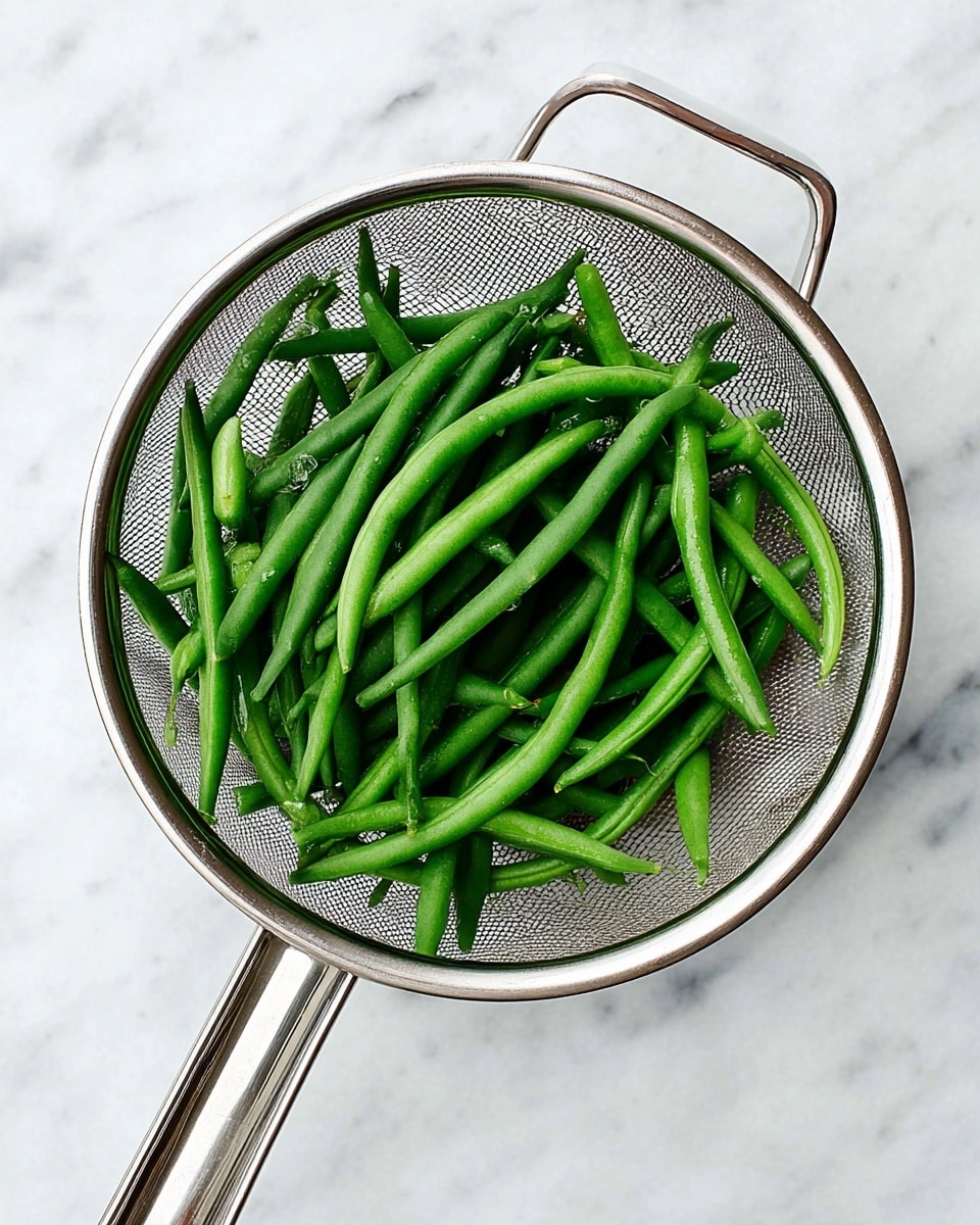 A simple close-up image shows a silver metal strainer filled with fresh, bright green green beans. The green beans are long and thin, neatly piled inside the fine mesh of the strainer. The strainer has a metal handle and is placed on a white marbled surface. The green beans have a smooth and slightly shiny texture, contrasting with the silver mesh and the soft lines of the white marbled background. photo taken with an iphone --ar 4:5 --v 7