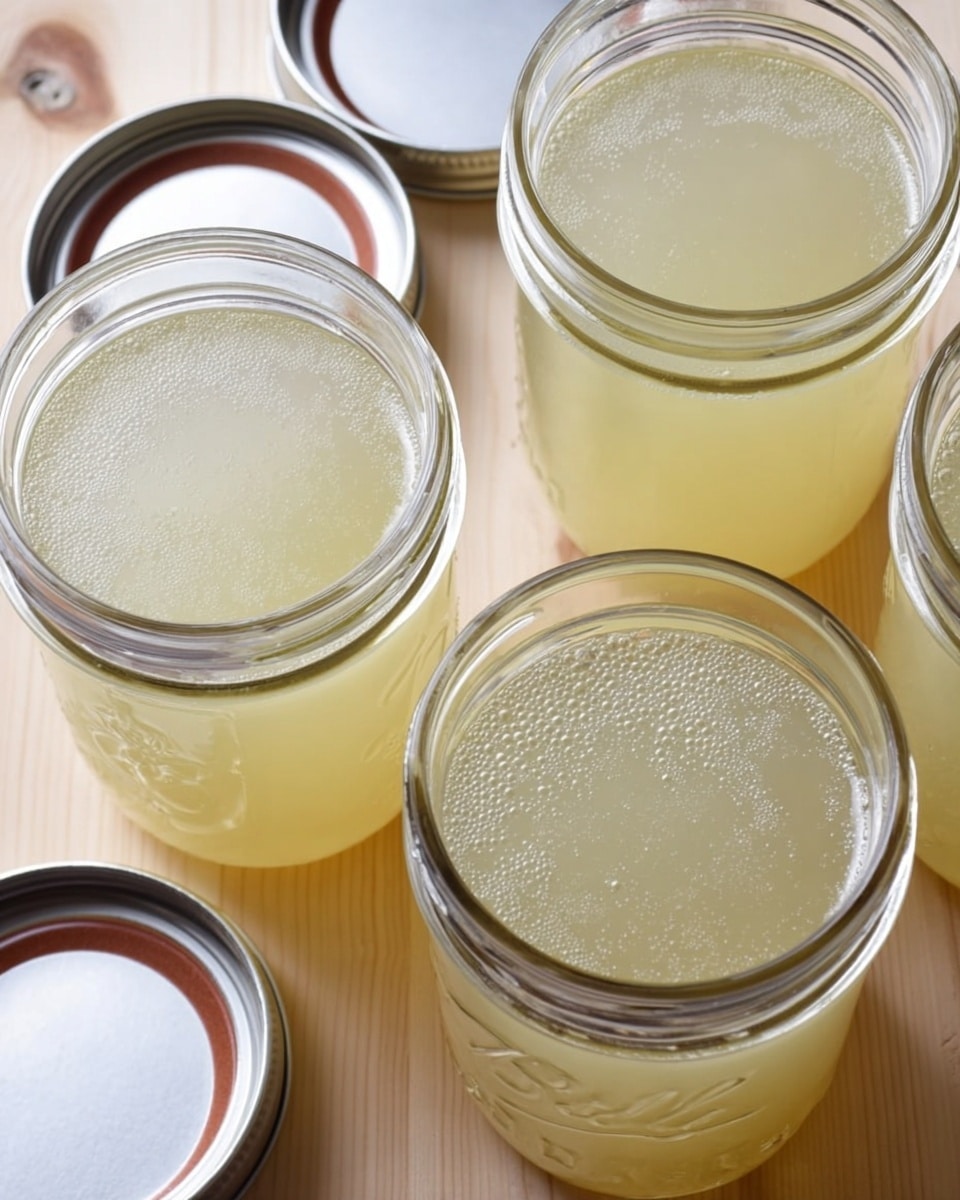 The image shows four clear glass jars filled with a pale yellow liquid, topped with some bubbles. The jars are open, with metal lids resting nearby on a light wooden surface. The liquid inside appears fresh and slightly cloudy, filling each jar close to the top. The overall scene looks clean and simple, with the jars arranged closely together. photo taken with an iphone --ar 4:5 --v 7