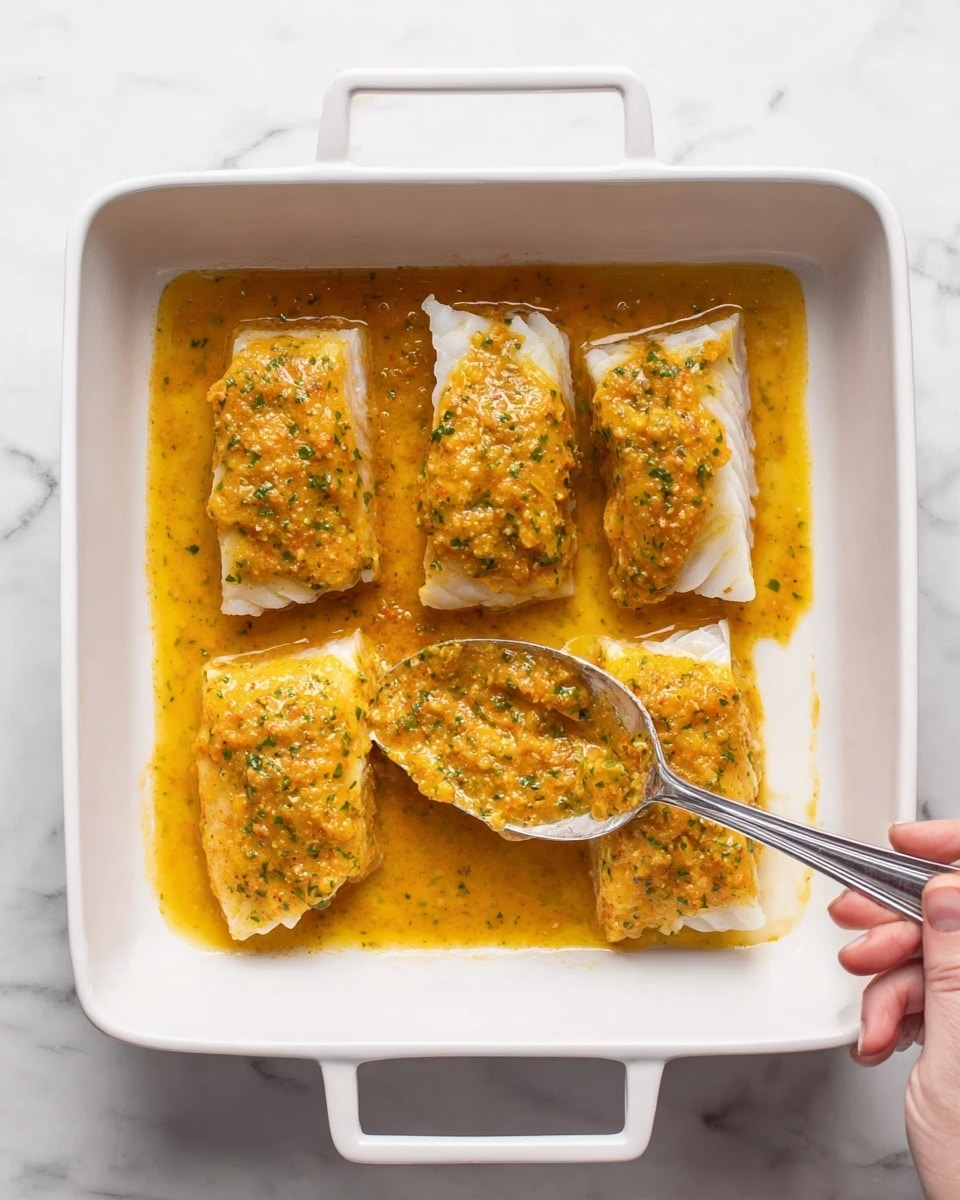 In a white square baking dish placed on a white marbled surface, there are four white fish fillets laid out evenly in two rows. Each fillet is topped with a thick, orange-yellow sauce mixed with green herbs, giving a textured and slightly chunky appearance. A woman's hand holds a silver spoon spreading the sauce over the bottom left fillet. The dish has handles on both sides, and the scene is lit softly to show the details of the sauce and fish. Photo taken with an iphone --ar 4:5 --v 7