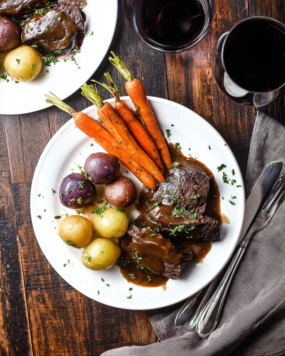 The dish is served on a white round plate with three main sections: on the bottom right, there are three slices of brown meat covered in thick, dark brown sauce and sprinkled with green herbs; on the left side, there are six small round potatoes in different colors, including purple, golden, and light brown; at the top center, two long orange carrots with green stems rest slightly diagonally, also sprinkled with green herbs; the plate is on a rustic dark wooden surface next to a glass of red wine, a silver fork and knife placed on the right edge, and a gray cloth napkin near the bottom left corner. photo taken with an iphone --ar 4:5 --v 7