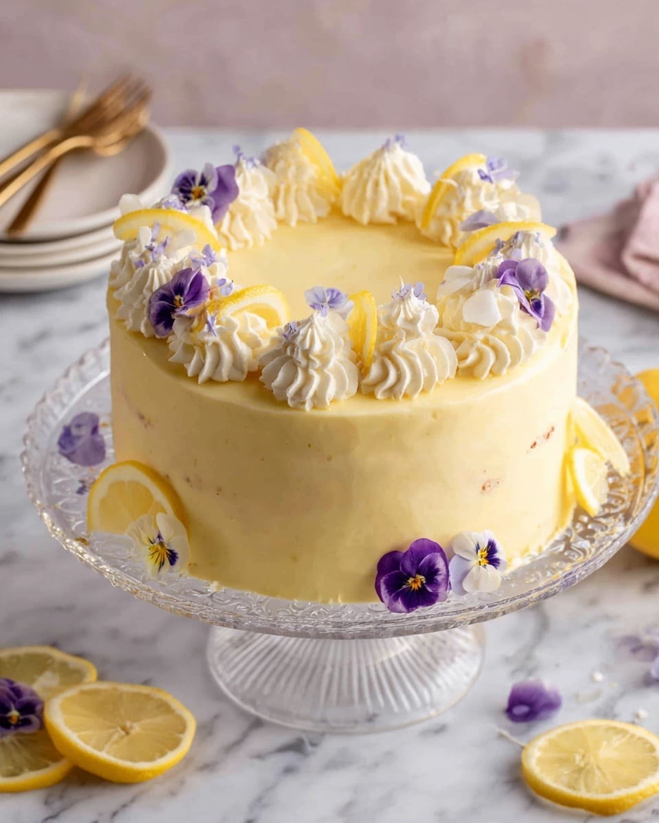 A round, two-layer yellow cake covered smoothly in pale yellow frosting sits on a clear glass cake stand. The top edge is decorated with evenly spaced swirls of white cream, alternating with thin lemon slices and small purple and white edible flowers. The sides of the cake have a consistent light yellow color and smooth texture. Around the cake stand, some scattered lemon slices and purple flowers rest on a white marbled surface. In the background, there are white plates with golden forks resting on them. Photo taken with an iphone --ar 4:5 --v 7