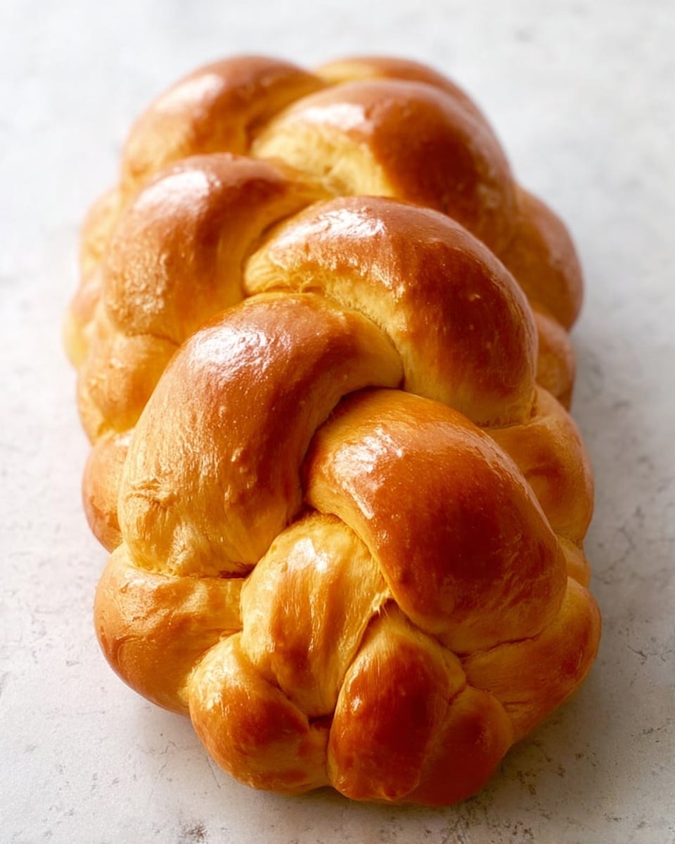 A close-up view of a braided bread with a soft, shiny golden-brown crust. The bread features multiple thick, rounded strands woven together, creating a textured and fluffy appearance. The surface is smooth with slight cracks and shines from a light glaze. The bread is placed directly on a white marbled texture. photo taken with an iphone --ar 4:5 --v 7
