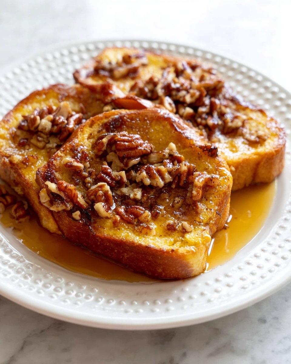 The image shows two thick slices of toasted bread placed side by side on a white plate with small raised dots around the edge. Each slice is covered with a golden-brown layer of baked custard-like filling, topped with chopped pecans scattered unevenly across all surfaces. A shiny syrup pools around the base of the bread, adding a glossy texture and a warm amber color that seeps slightly into the bread edges. The plate is set on a white marbled surface, highlighting the rich tones of the dish. photo taken with an iphone --ar 4:5 --v 7