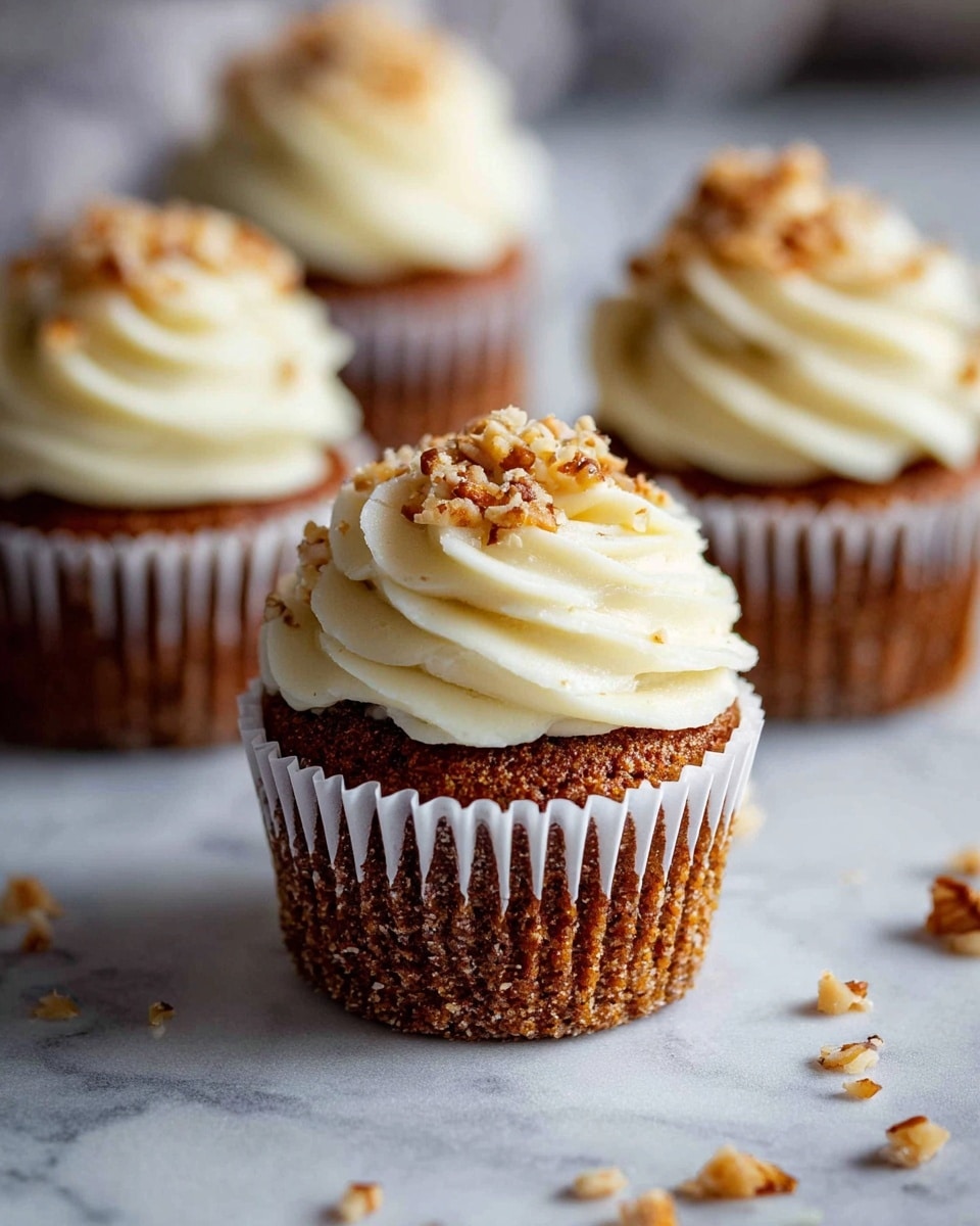 The image shows four cupcakes arranged close together on a white marbled surface, each with a brown cake base wrapped in white paper liners. Each cupcake has a thick spiral of creamy off-white frosting on top, which is sprinkled with small chopped nut pieces. The front cupcake is the clearest and biggest, with some nut pieces scattered around it on the surface. The background is softly blurred, emphasizing the texture of the frosting and the cake. photo taken with an iphone --ar 4:5 --v 7