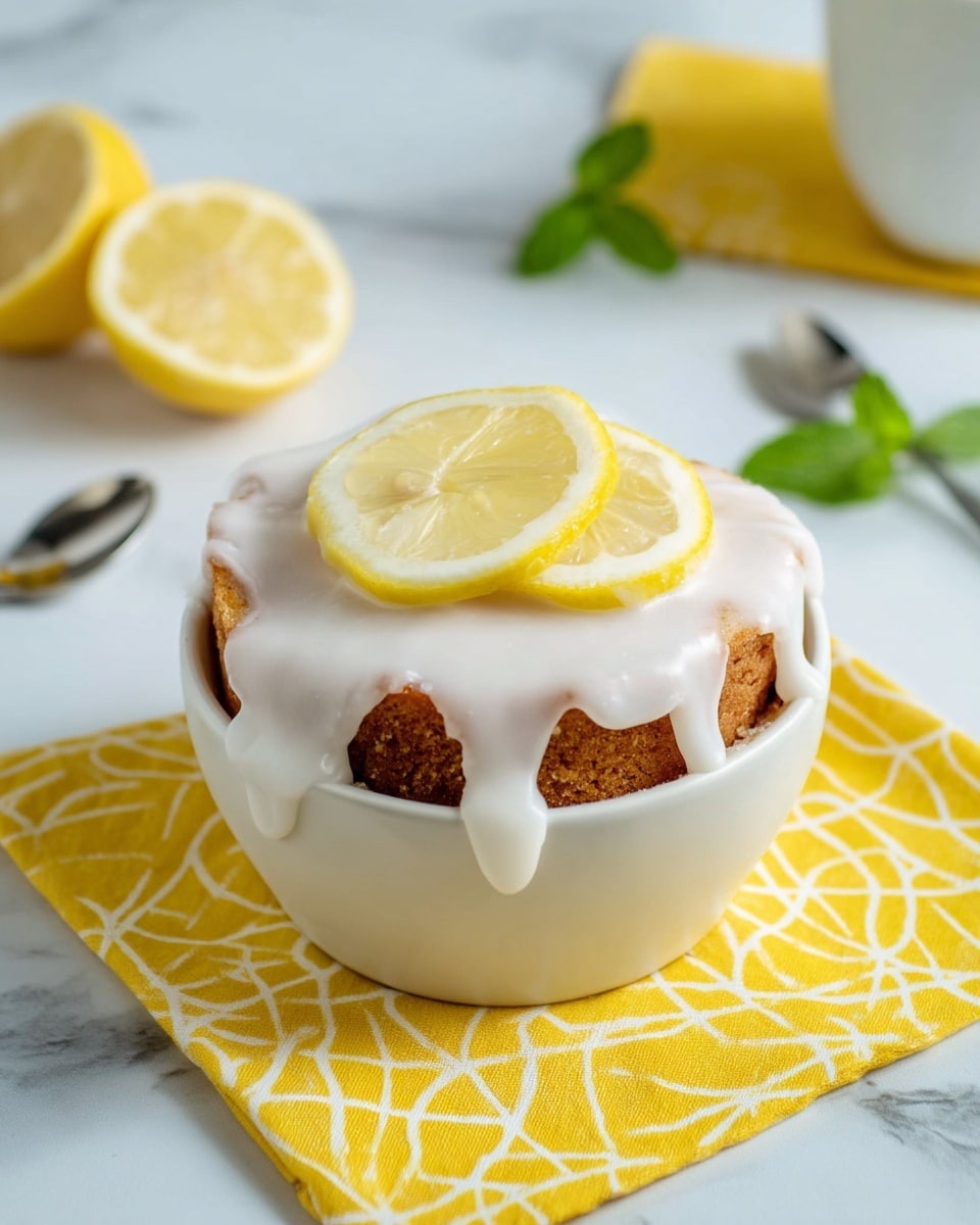 The image shows a small round cake in a white bowl, placed on a yellow cloth with white geometric patterns on a white marbled surface. The cake is golden brown and topped with a thick white icing that slowly drips down the sides. On top of the icing, there are two thin lemon slices arranged in a slight overlap, adding a bright yellow contrast to the white and brown colors of the cake. In the background, there are two lemon halves and a silver spoon, along with a small green mint leaf, all resting on the white marbled surface. Photo taken with an iphone --ar 4:5 --v 7