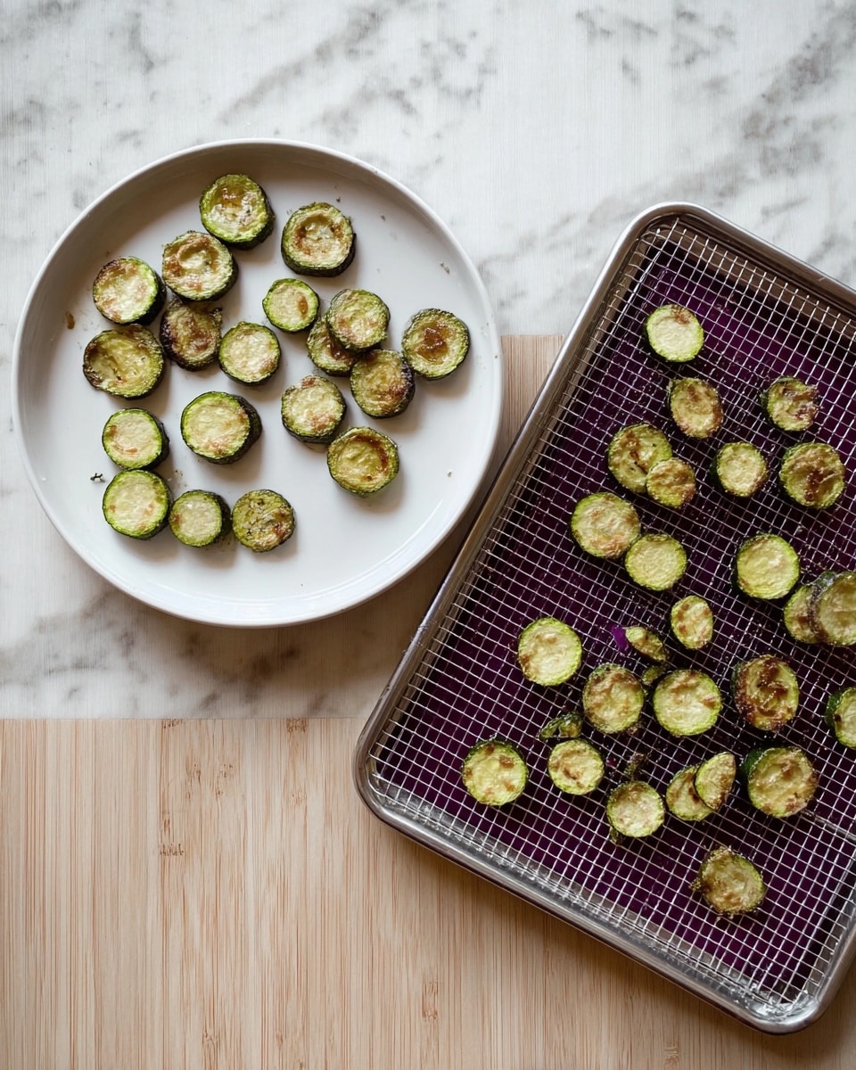 The image shows two main objects on a white marbled surface: a white plate on the left side and a wire mesh tray on the right side. The white plate holds about 10 round, green-tinted slices of cooked zucchini arranged loosely in a single layer. The wire mesh tray contains about 18 similar cooked zucchini slices, all browned slightly on top, evenly spread out with some space between them, revealing a dark red square beneath the tray that contrasts with the silver wire. The wooden texture is replaced by the white marbled surface visible around these objects. photo taken with an iphone --ar 4:5 --v 7