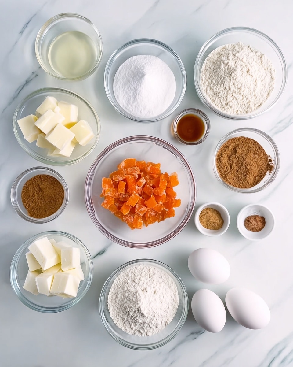 The image shows eleven clear and white bowls arranged on a white marbled surface. In the center, there is a clear glass bowl with small orange pieces that look like chopped fruit. Surrounding it, there are bowls containing white sugar, flour, butter cubes, brown sugar, a small amount of white powder, another white powder, cinnamon powder, a clear liquid, a small amount of oil, and two white eggs placed beside the bowls. The bowls are neatly arranged with different sizes, some small and some medium. photo taken with an iphone --ar 4:5 --v 7