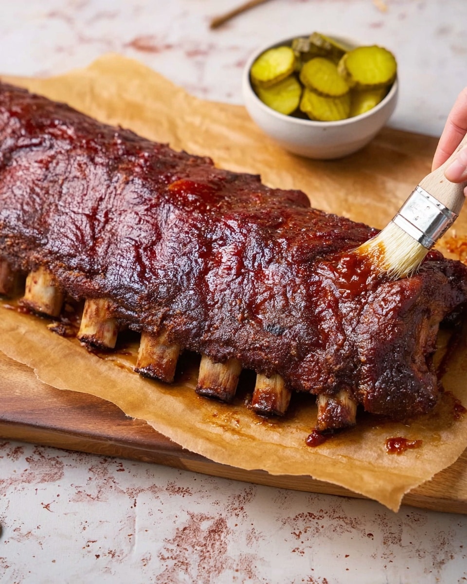 A large rack of ribs with a dark, thick, and textured smoky rub covering the entire surface rests on a white oval plate lined with light brown parchment paper. The ribs show the bone ends peeking out from under the meat on one side. On the top right of the plate, there is a small white bowl filled with green pickle slices, and on the bottom left, another small white bowl holds a thick reddish-brown barbecue sauce. A white brush with sauce on its bristles lies on the parchment paper near the ribs and sauce bowl. The whole scene is set on a white marbled surface. Photo taken with an iphone --ar 4:5 --v 7
