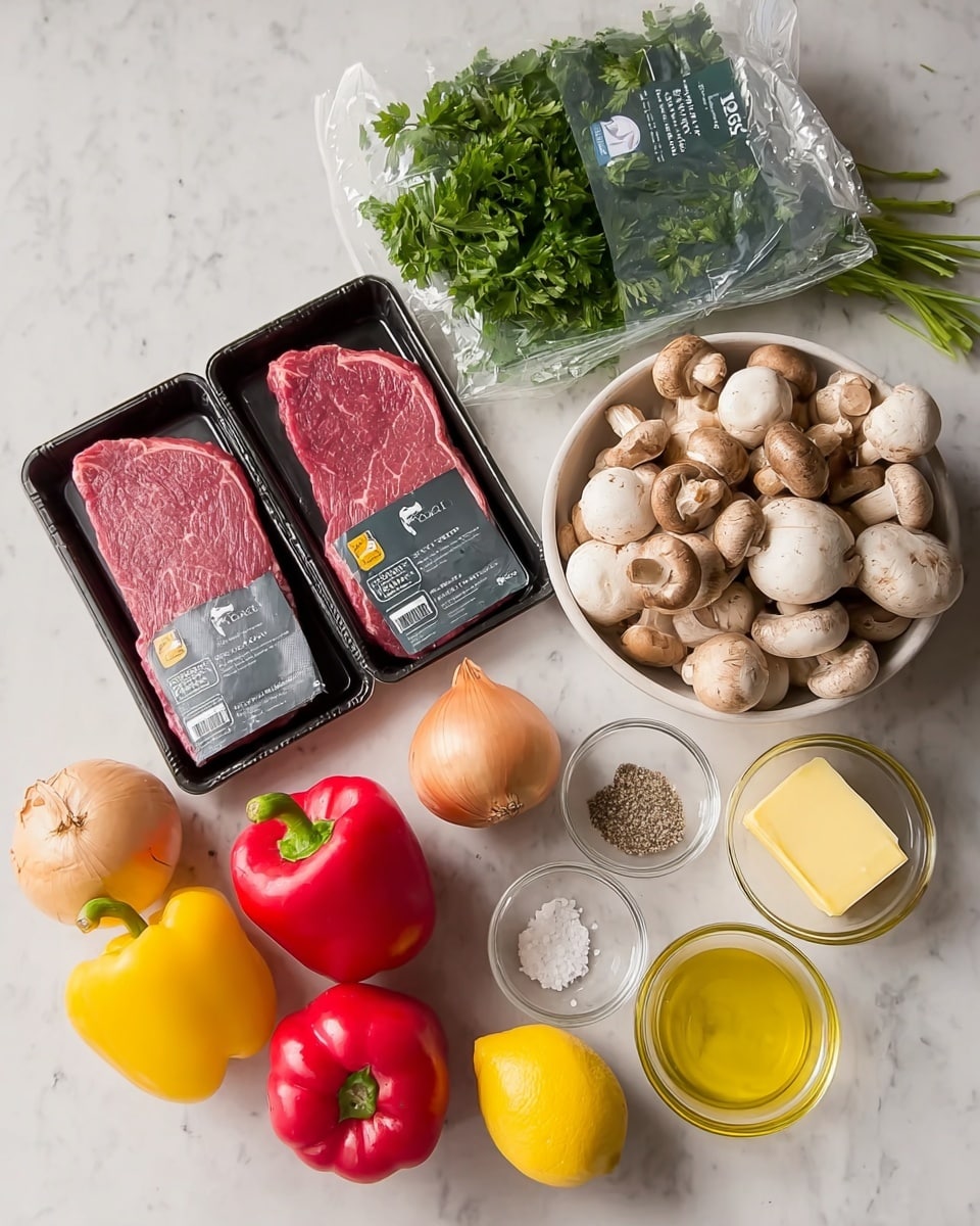 The image shows a set of ingredients on a white marbled surface. There are two packs of raw red steaks placed side by side in black trays with labels. Above them, there is a clear plastic bag of fresh green parsley. To the right, a white bowl is filled with a mix of white and brown mushrooms. Next to the bowl are a small yellow lemon and a white round bowl with salt and pepper. Below the parsley bag, there is a bright yellow bell pepper and a red bell pepper lying next to each other. In the front row, a whole yellow onion sits beside a bulb of garlic and a small glass bowl filled with yellow cooking oil. Finally, on the rightmost side, there is a small glass bowl with a yellow block of butter. All the items are neatly arranged in a casual layout. Photo taken with an iphone --ar 4:5 --v 7