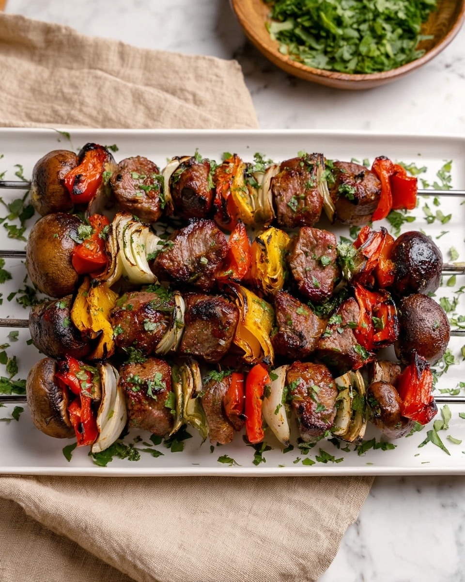 Six metal skewers lie side by side on a white rectangular plate placed on a white marbled surface. Each skewer holds chunks of brown grilled meat, round dark brown mushrooms, thick slices of white onion, and pieces of red and yellow bell peppers, all mixed evenly. The vegetables and meat look juicy and slightly charred, with bits of green herbs sprinkled over them. The plate is on a soft beige cloth, and there is a blurred bowl of green leafy herbs in the background. Photo taken with an iphone --ar 4:5 --v 7