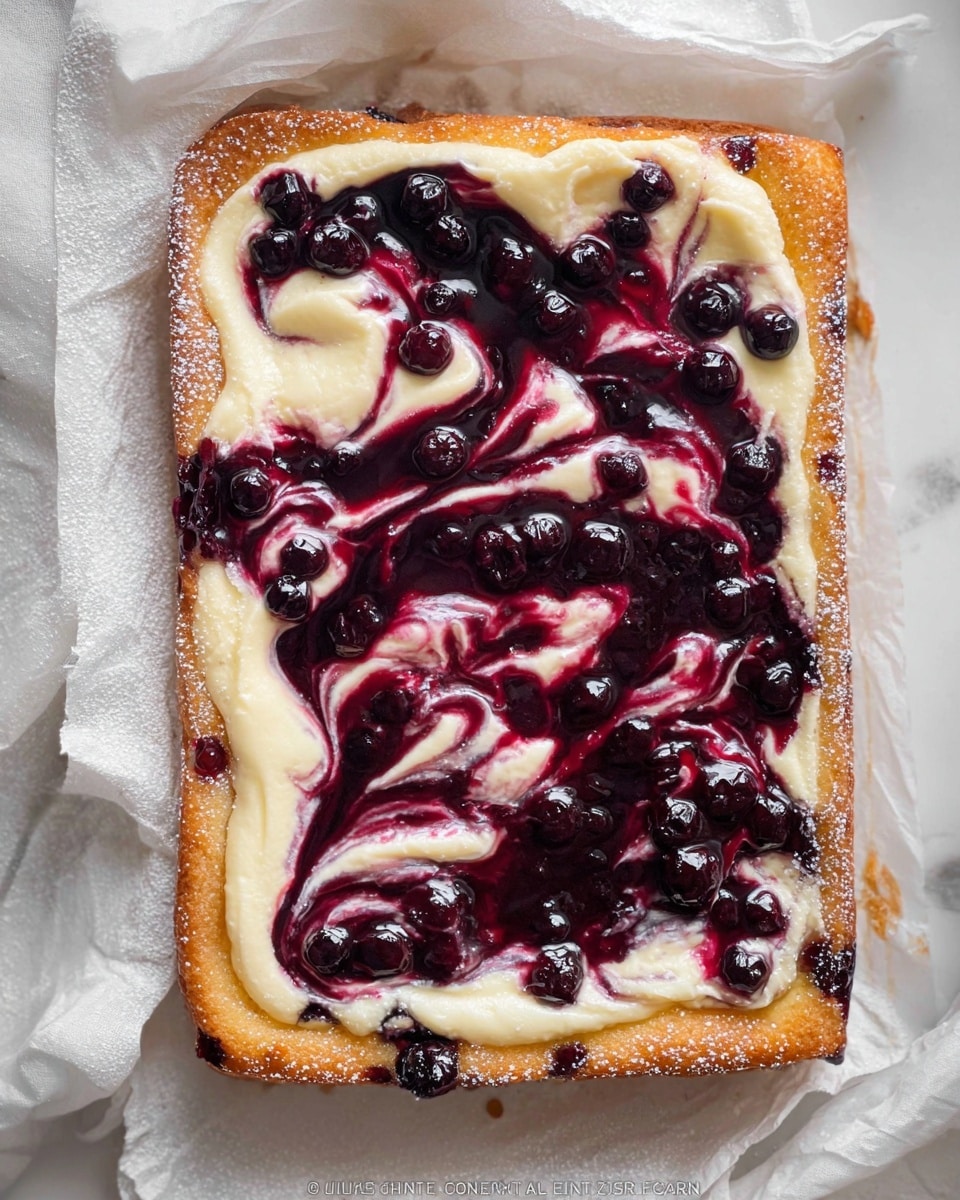 A close-up of a single slice of rolled cake on a white plate with dark blue spots, placed on a white marbled surface. The cake has three visible layers: a light golden-brown outer sponge layer, a creamy white middle layer of frosting, and a deep purple swirl of berry filling going through the center. Around the cake slice, there are fresh whole blueberries and a wedge of bright yellow lemon. A silver fork with engraved text rests next to the cake on the plate. photo taken with an iphone --ar 4:5 --v 7
