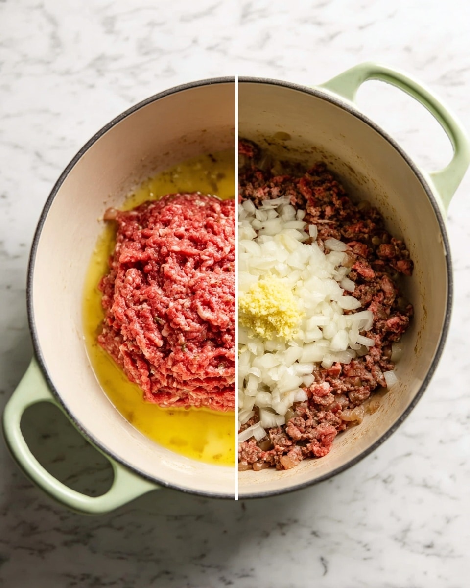A white round pot with a light green handle sits on a white marbled surface. Inside the pot on the left, there is a layer of yellow liquid, mostly oil, spread at the bottom. On top of this, a large chunk of raw red ground meat rests in the center, covered with a layer of chopped white onions scattered over the meat. On the right side, the same pot shows the meat cooked and broken into small brown pieces with some small bits of softened, cooked onions mixed in. In the center of this cooked layer, there is a small dollop of finely minced light yellow garlic. Photo taken with an iphone --ar 4:5 --v 7