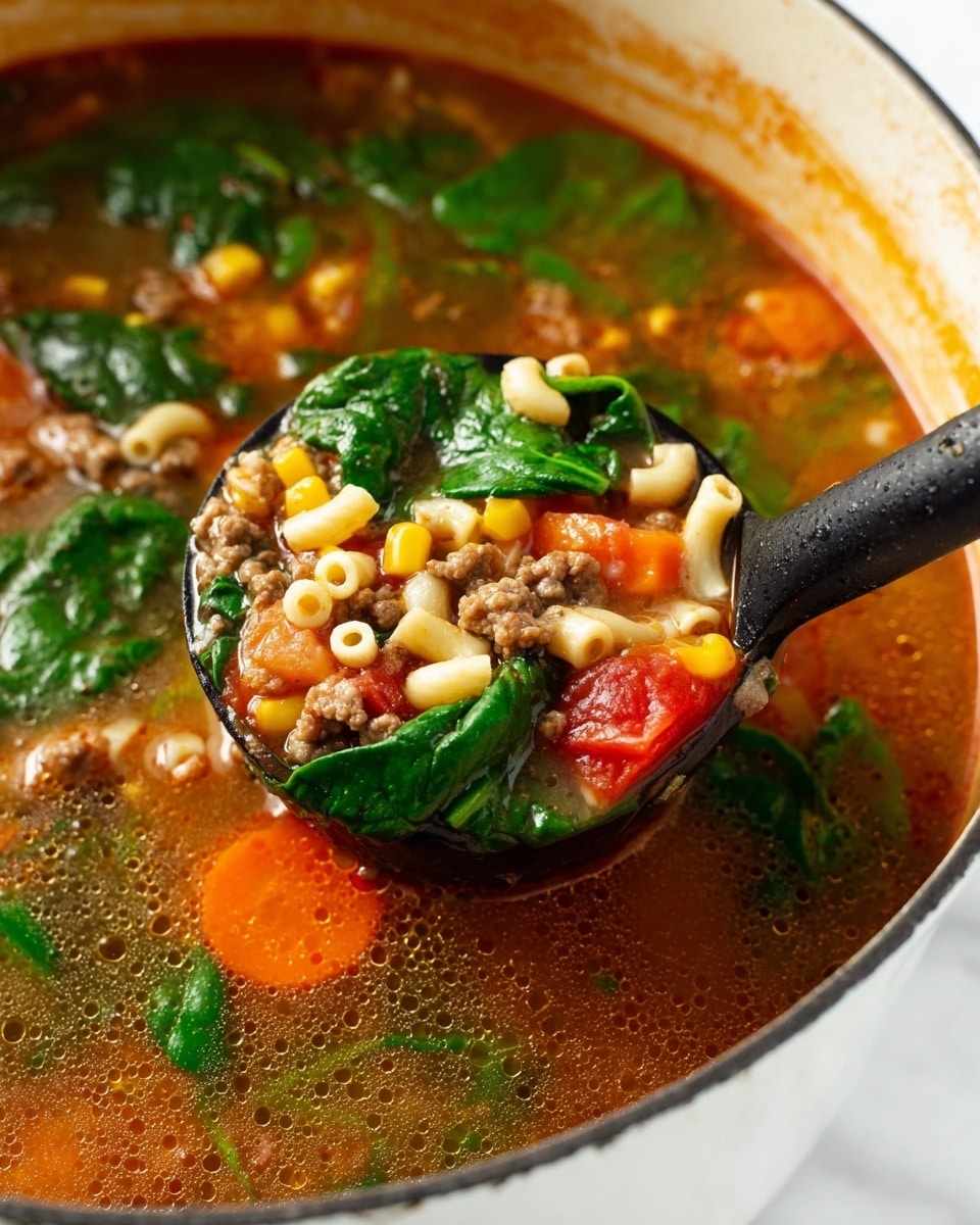 A close-up of a black ladle lifting a spoonful of soup from a white pot, showing three main layers: a clear reddish-brown broth base with small bubbles, a middle layer with soft green spinach leaves and light orange carrot slices, and a top mix of yellow corn kernels, beige macaroni, small chunks of red tomato, and brown ground meat. The white pot has a slightly worn interior edge, and the background is a white marbled texture. Photo taken with an iphone --ar 4:5 --v 7