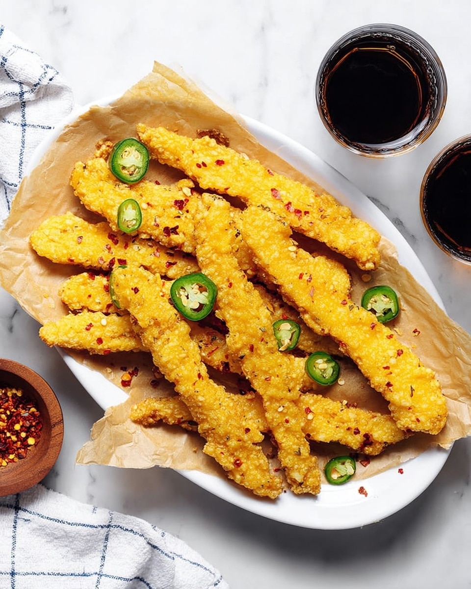 The image shows a white oval plate lined with light brown parchment paper, holding about eight long, golden yellow crispy strips with a slightly rough texture, sprinkled with small red chili flakes, and garnished with green sliced jalapeños placed on top. The plate sits on a white marbled surface next to a small wooden bowl with red chili flakes and a clear glass filled with a dark liquid. A white and blue checked towel is partly visible in the upper left corner. photo taken with an iphone --ar 4:5 --v 7