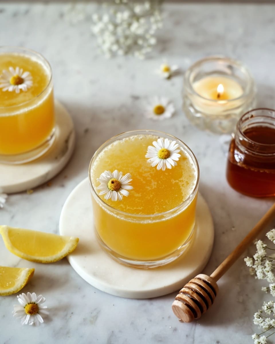 The image shows a glass filled with a yellow-orange drink, smooth in texture with two small white daisy flowers floating on top. The glass sits on a white plate placed on a white marbled surface. Next to the glass, there are two lemon wedges with bright yellow skin. Nearby, there is a small jar filled with dark amber honey, and a wooden honey dipper resting in front of the glass. In the background, there is another similar glass with the same drink and flowers, as well as a lit candle in a small clear holder and a few small white flowers scattered around. The scene has soft natural light, emphasizing the freshness and calm mood. Photo taken with an iphone --ar 4:5 --v 7