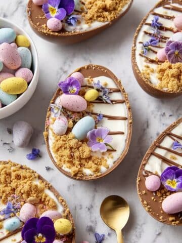 Chocolate Easter Egg Cheesecake Filled with Cookie Crust and Mini Chocolate Garnishes Recipe