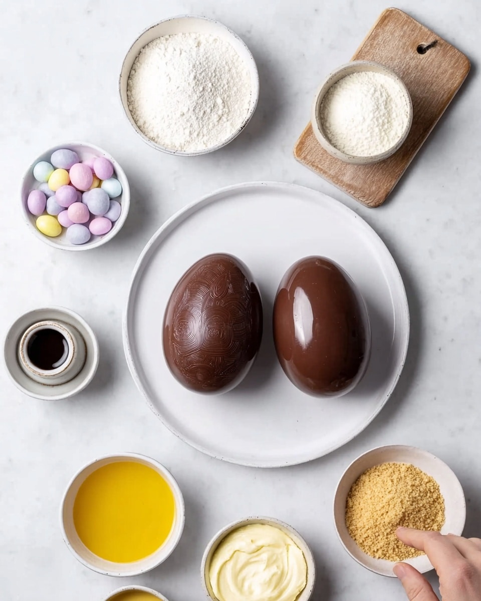 The image shows a white round plate at the center with two large, smooth chocolate eggs that have a glossy dark brown surface and slightly embossed patterns. Around the plate on a white marbled surface are several bowls: a white bowl with white powder placed on a small wooden board to the right, a white bowl with creamy white frosting next to it, a white bowl with light brown crumbly crumbs below the plate, a white bowl with yellow liquid at the front, a white small bowl with black coffee above the plate, and a white bowl with pastel-colored small round candies to the left. A woman's hand with a finger is stirring the white powder in the bowl on the wooden board photo taken with an iphone --ar 4:5 --v 7