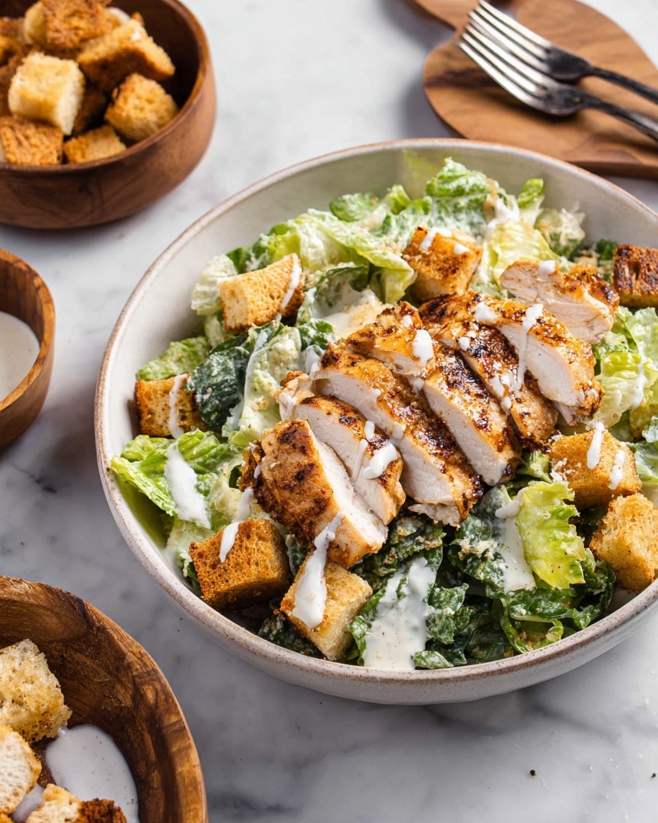 A white bowl filled with bright green lettuce leaves as the first layer, topped with several slices of grilled chicken showing a golden brown, slightly charred texture arranged in the middle. Scattered golden-brown croutons sit on top and around the chicken. A pale creamy dressing is drizzled over everything, adding a smooth and shiny contrast. The bowl is placed on a white marbled surface, with a round wooden bowl of additional croutons nearby and silver forks in the background. Photo taken with an iphone --ar 4:5 --v 7