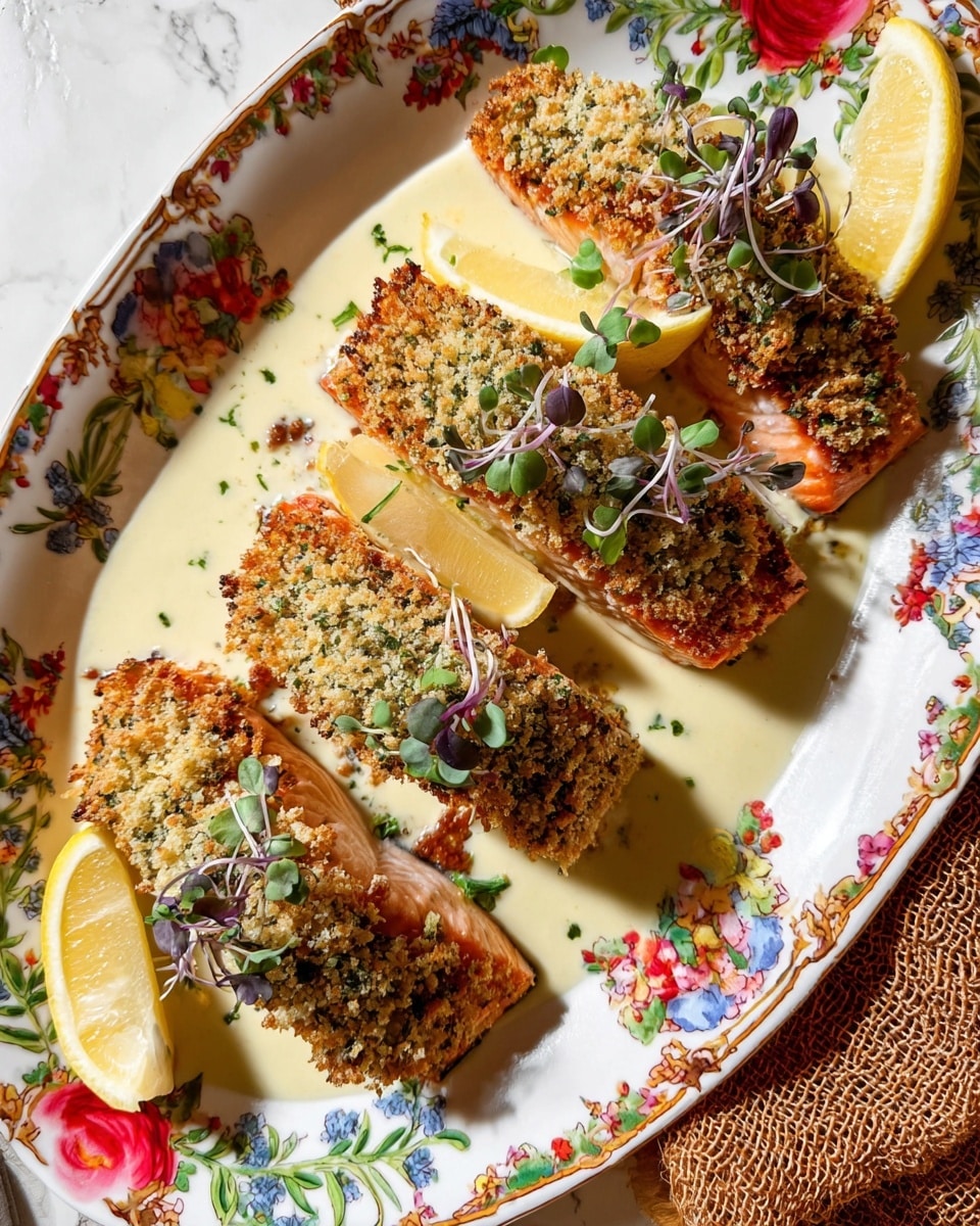 The image shows four pieces of breaded and baked salmon with a crunchy, golden-brown topping speckled with green herbs, arranged in two rows on a white plate decorated with colorful floral patterns. Each piece rests on a creamy pale-yellow sauce with green herbs, pooling around the base. On top of the salmon are small bright green and purple microgreens lightly scattered. There are also two lemon wedges, one placed near the top and the other near the bottom, adding a fresh yellow contrast. The plate sits on a white marbled surface, and a woven brown cloth is partly visible on the upper right side. photo taken with an iphone --ar 4:5 --v 7