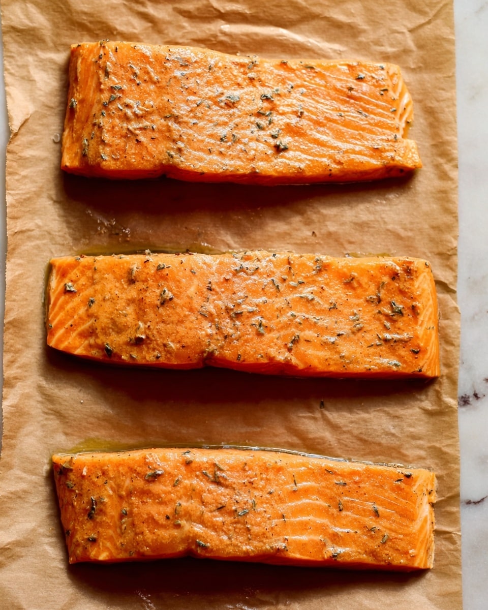The image shows three rectangular pieces of salmon placed vertically on brown parchment paper on a white marbled surface. Each salmon piece has a smooth texture with small herb flakes evenly spread on top, and a light orange color with slight grilling texture visible. The top and middle pieces are almost the same size, while the bottom piece is slightly wider but shorter. The parchment paper beneath them has slight wrinkles and some spots, giving a natural cooking prep look. photo taken with an iphone --ar 4:5 --v 7