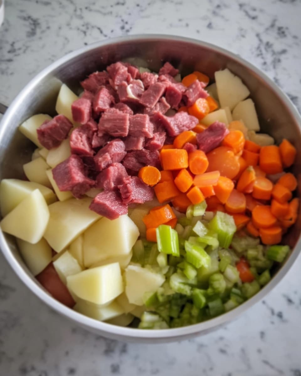 A white bowl filled with four layers of ingredients, the bottom layer contains large white potato chunks, followed by chopped green celery pieces. The next layer is made of small orange carrot cubes, and the top layer consists of diced pink ham. The bowl is placed on a white marbled surface. Photo taken with an iphone --ar 4:5 --v 7