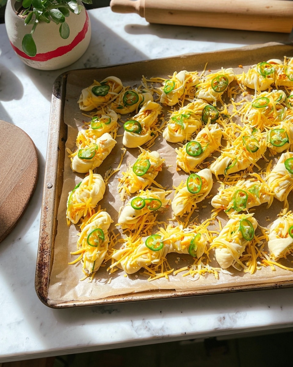 The image shows a baking tray lined with parchment paper holding many small folded dough pieces topped with shredded yellow cheese and thin slices of green jalapeño peppers. Each dough piece is twisted or folded into a twist shape with a soft creamy yellow texture underneath the cheese and pepper slices. The tray is placed on a white marbled surface, and the scene is lit with bright natural light casting soft shadows. Part of a wooden rolling pin and a plant in a white and red pot are visible on the side. photo taken with an iphone --ar 4:5 --v 7