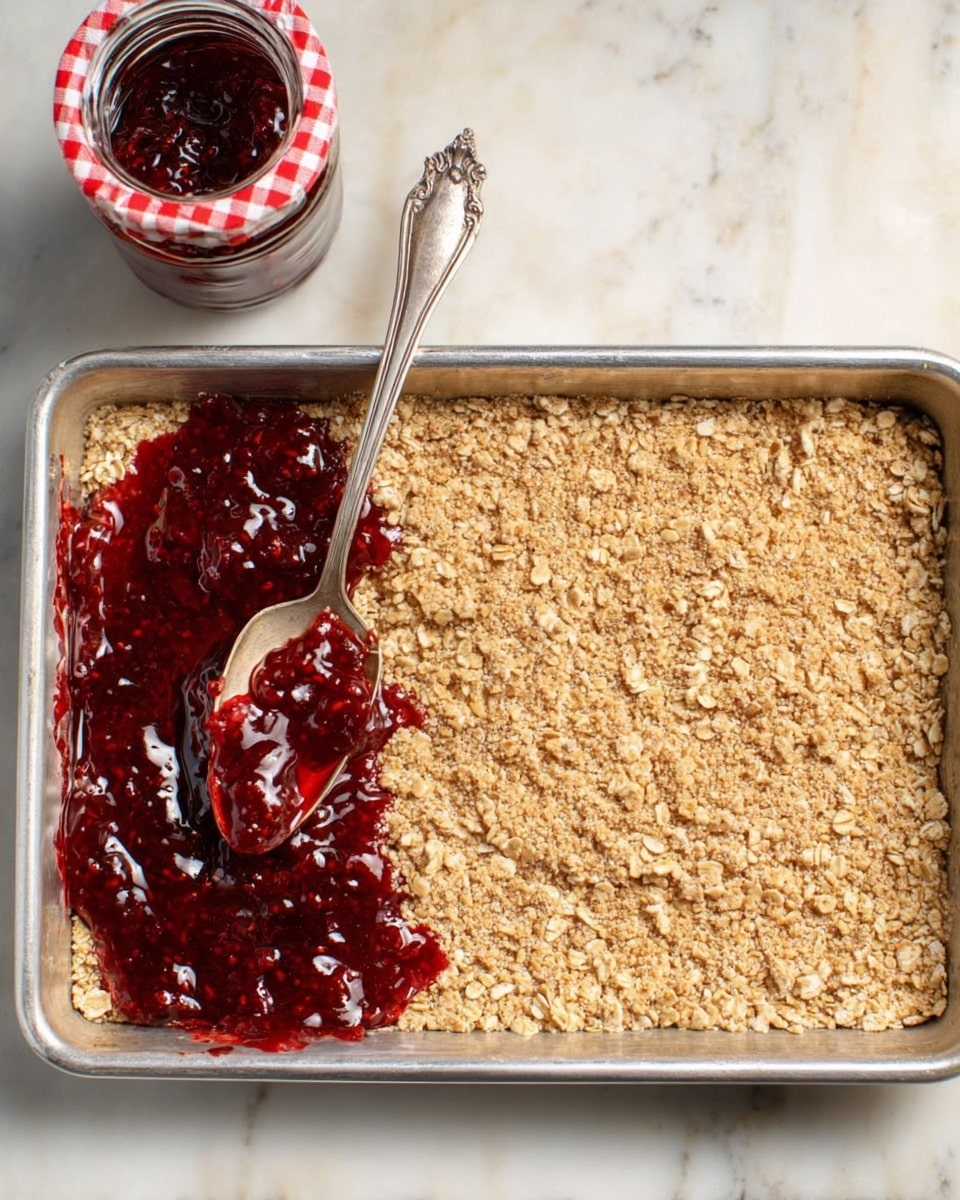 A rectangular metal tray filled with a thick layer of light brown oat mixture evenly spread across the bottom. On the left side of the tray, a deep red, chunky jam is being spread with a vintage silver spoon that rests diagonally on the surface. To the left of the tray, there is an open jar of the same jam visible with a red and white checkered lid. The tray sits on a white marbled surface. Photo taken with an iphone --ar 4:5 --v 7