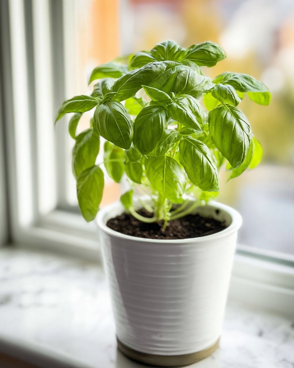 A close-up image of a small white pot filled with dark soil and a fresh green basil plant. The basil has many smooth, bright green leaves with visible veins growing in different directions, some are larger and some smaller. The pot sits on a white marbled surface near a window with soft daylight coming through the glass. The background is blurred to focus on the plant and pot details. Photo taken with an iphone --ar 4:5 --v 7