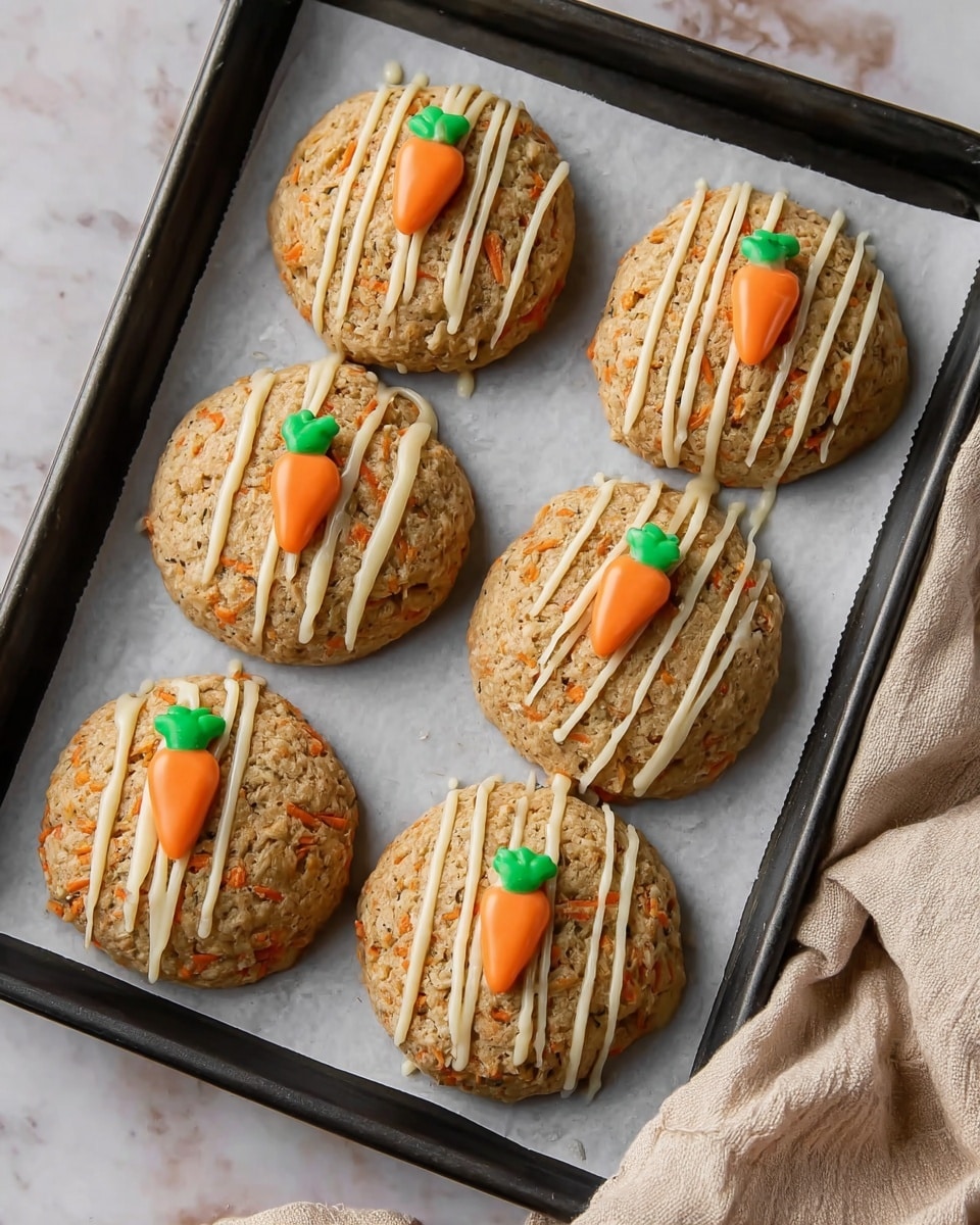 Six round cookies are laid out in two rows on a black baking tray lined with white parchment paper. Each cookie has a golden-brown texture with small visible orange carrot bits inside. Over the top of each cookie, thin white icing is drizzled in diagonal lines. On the center of each cookie, there is a small decorative carrot shape made of orange and green icing, giving a bright contrast to the cookie. The tray is placed on a white marbled surface, and an orange carrot partly appears in the top left corner. photo taken with an iphone --ar 4:5 --v 7