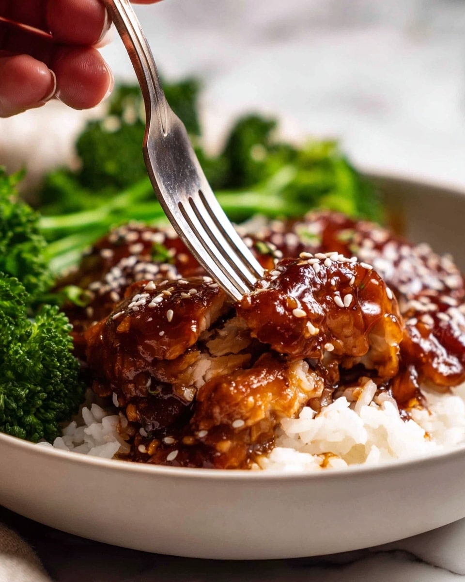 A close-up view of a dish in a white bowl shows three main layers: at the bottom, white fluffy cooked rice with some sauce drizzled over it; on top, a thick piece of brown glazed chicken coated with a shiny sauce covered with white sesame seeds, the chicken looks soft and juicy; a silver fork held by a woman's hand is picking up a piece of the chicken; at the back, there is a bright green bunch of cooked broccoli that adds color contrast to the dish; the white bowl sits on a white marbled surface with a soft focus on the background. photo taken with an iphone --ar 4:5 --v 7
