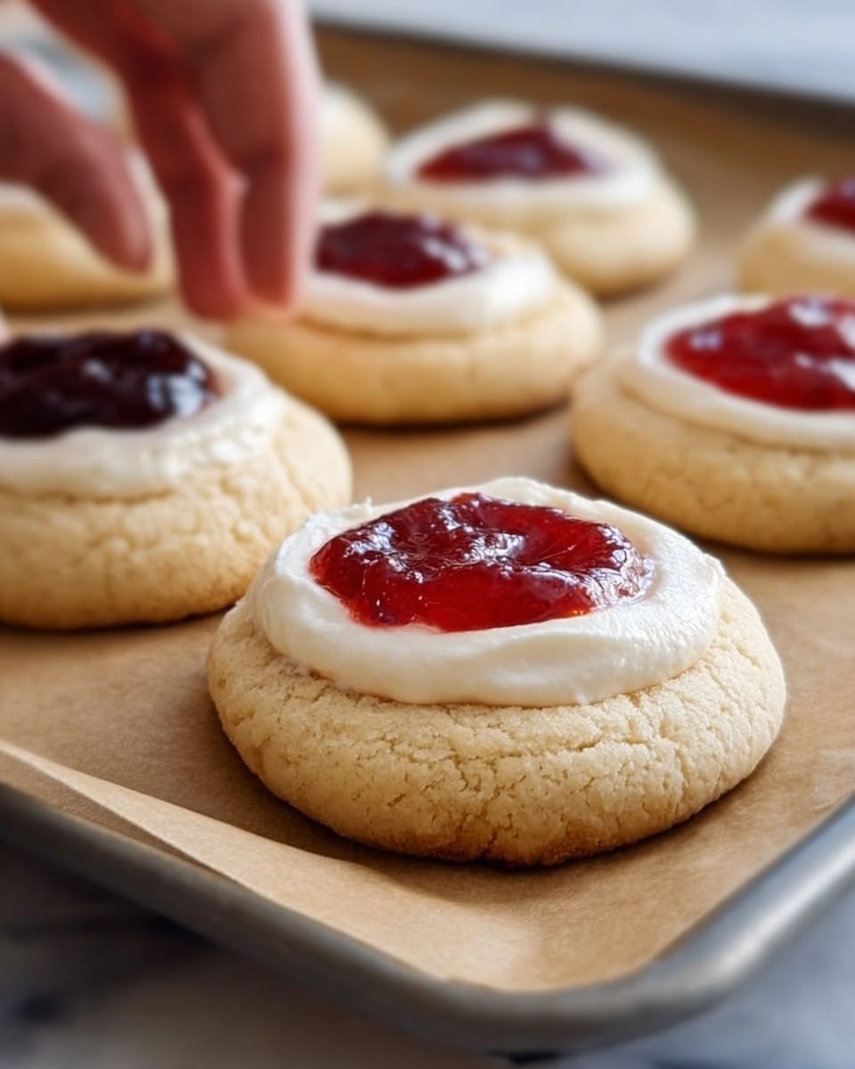The image shows several round cookies on a baking tray lined with brown parchment paper, placed on a white marbled surface. Each cookie has a light golden-brown dough base, thick and soft in texture, with a smooth white cream layer in the center. On top of the cream, there is a dollop of glossy red jam that looks slightly chunky, giving a shiny contrast against the matte cream and dough. A woman's hand is gently touching one cookie in the back, adding a warm, human touch to the scene. The overall lighting is soft and natural, highlighting the textures and layers clearly. photo taken with an iphone --ar 4:5 --v 7