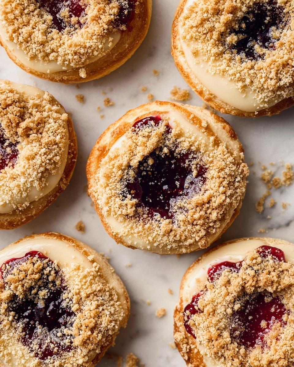 The image shows six round pastries laid out on a white marbled surface. Each pastry has a golden brown base layer with a soft texture, topped with a ring of light cream-colored icing. Inside the ring is a smooth, shiny layer of dark purple or red jam that looks thick and slightly glossy. Over the top is scattered a crumbly, light tan streusel that adds a rough texture contrasting with the smooth jam and soft dough. Some of the jam slightly spills over the edge, making the pastries look fresh and inviting. photo taken with an iphone --ar 4:5 --v 7