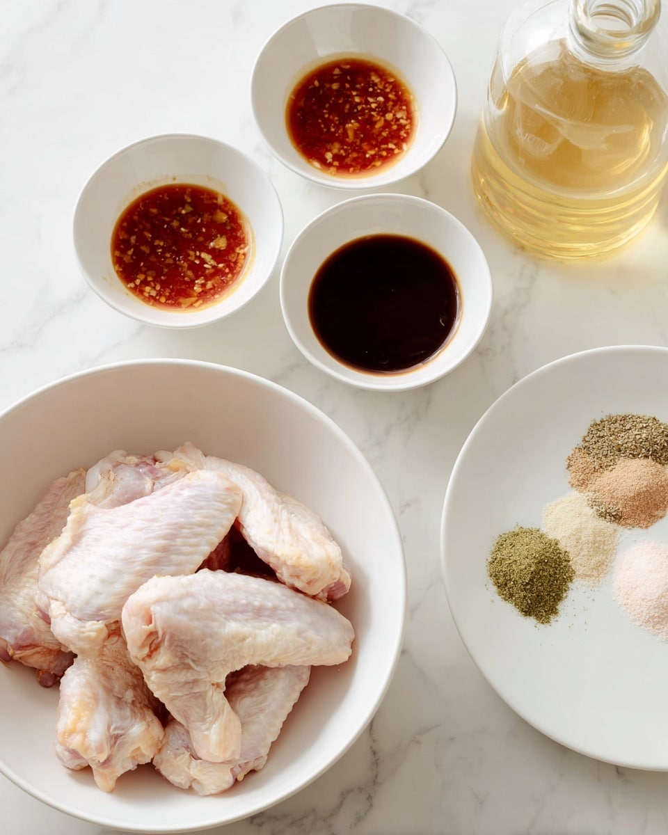 A white bowl at the bottom left holds several pieces of raw chicken wings with pale pink and white skin. To the upper left, three small white bowls contain different sauces: a reddish sauce with visible small bits, a dark brown sauce, and a thicker dark brown sauce. To the right, a white plate shows small piles of spices in green, white, and light pink colors. In the top right corner, a glass bottle with a light golden liquid is visible. All items are placed on a white marbled surface. Photo taken with an iphone --ar 4:5 --v 7