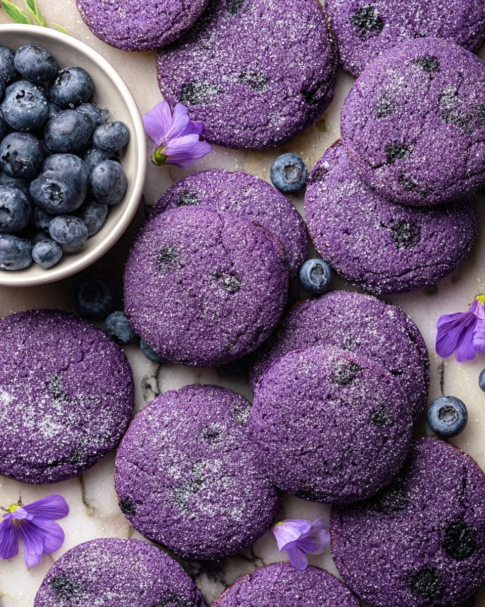 A close-up image of many round purple cookies with a slightly rough texture, laid out spread on a white marbled surface. The cookies have a bit of shine and some darker purple spots indicating blueberries inside. They are sprinkled lightly with white powdered sugar. Small whole blueberries and a few light purple flower petals are scattered around the cookies, adding natural decoration. On the left side, there is a white bowl filled with fresh blueberries, partly visible in the frame. photo taken with an iphone --ar 4:5 --v 7