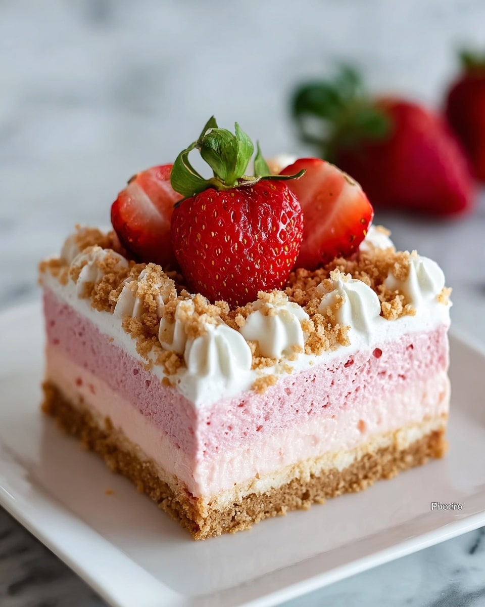 A square dessert with three visible layers: a bottom light brown crumbly crust, a middle thick pale pink creamy layer, and a thin darker pink layer in between. The top is decorated with white dollops of cream around the edge, sprinkled with brown crumb topping. On the center top, there are three fresh strawberries, two halved showing their inside bright red and seeds, and one whole with green leaves. The dessert is on a white plate, set on a white marbled surface. Photo taken with an iphone --ar 4:5 --v 7