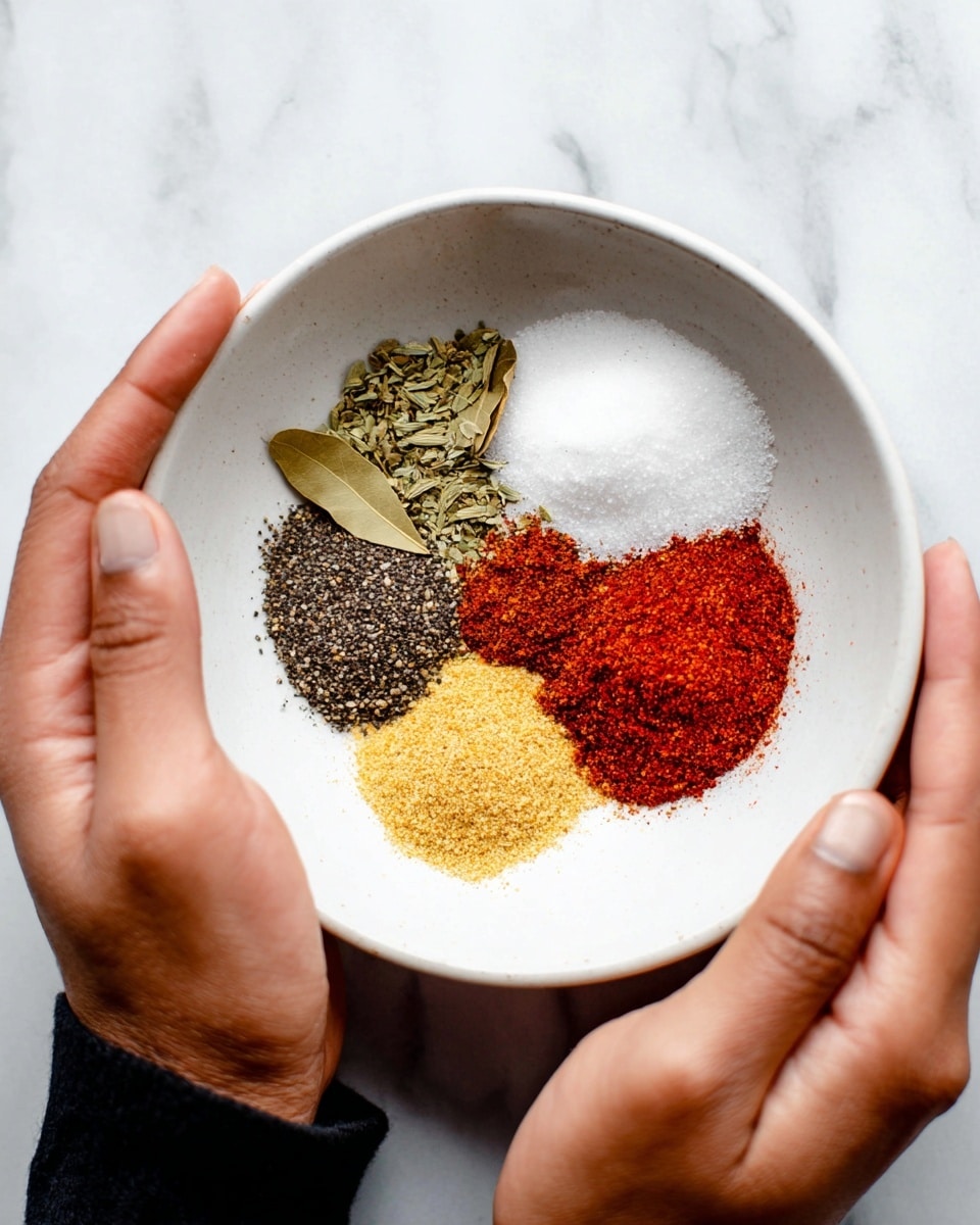 A white bowl is held by a woman's hand on each side, showing five different spices separated into small piles inside the bowl. The spices are arranged in a circular pattern with dried green leaves at the top left, coarse white salt at the top right, bright red powder at the bottom right, black crushed pepper at the bottom center, and a light yellow powder at the bottom left. The background is a white marbled texture. photo taken with an iphone --ar 4:5 --v 7