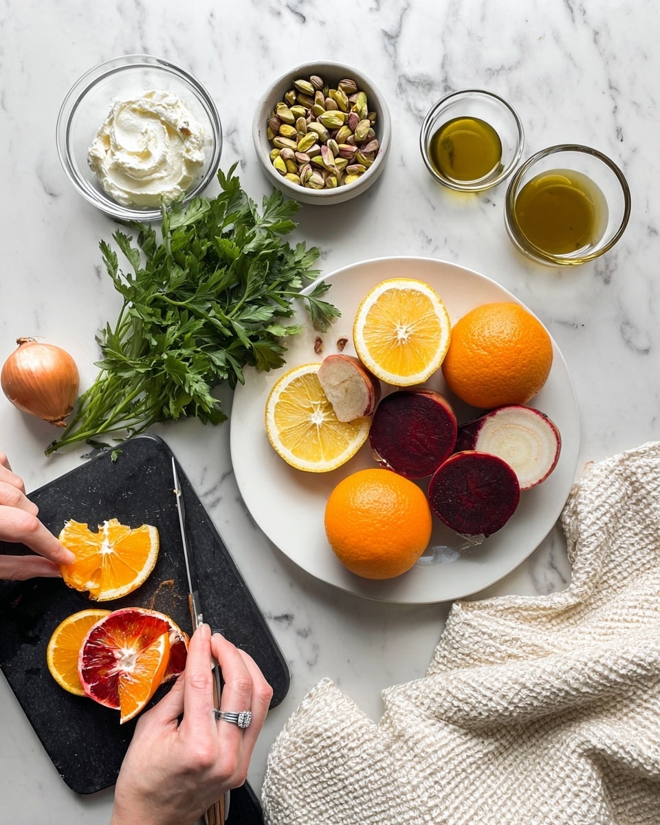 The image shows a white plate with three whole oranges, two beets, two lemon halves (one white and one red inside), and a bunch of green parsley on a white marbled surface. Next to the plate, there are glass bowls with olive oil, cream cheese, pistachios, and a dark brown sauce. A peeled shallot sits beside the plate. A black chopping board below has orange peels and citrus slices with a knife cutting a red citrus fruit, held by a woman's hand with a ring. A cream-colored textured cloth is on the right side. Photo taken with an iphone --ar 4:5 --v 7