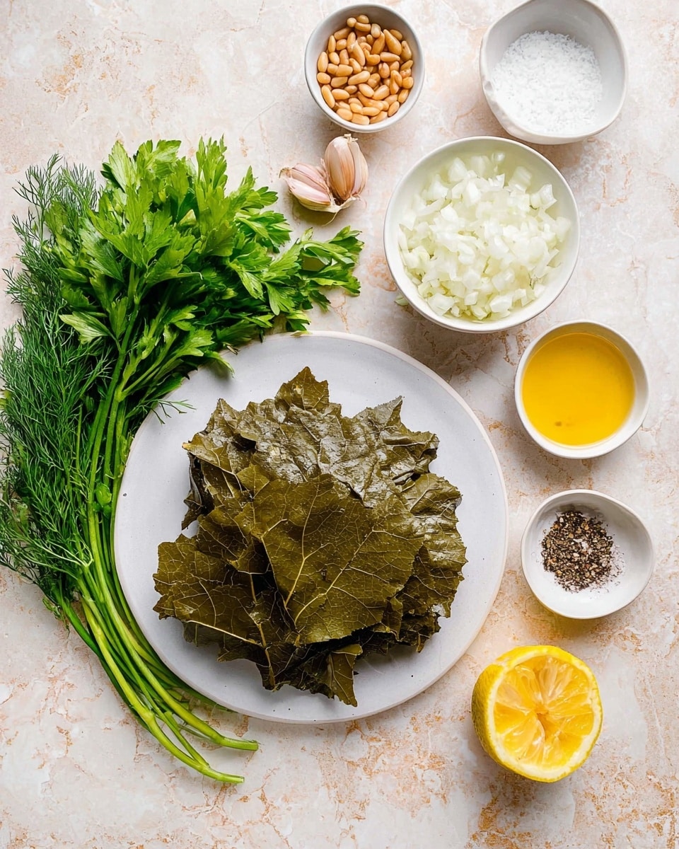 A white plate holds a neat stack of dark green grape leaves with a slightly wrinkled texture, placed to the lower right side of the image. Near the bottom left, there is a fresh bunch of green herbs including parsley and dill with leafy and feathery textures. Above the herbs, a small peeled garlic clove sits on the white marbled surface. In the middle of the image, a white bowl contains finely chopped white onions with a soft, slightly translucent look. Surrounding these are smaller white bowls with different ingredients: uncooked white rice in a bowl at the top left, golden toasted pine nuts in a bowl at the lower left, yellow olive oil in a bowl at the top right, and a mix of black pepper and salt in a bowl near the top center-right. A cut lemon half with bright yellow flesh and a smooth rind sits beside the salt and pepper bowl on the white marbled background. photo taken with an iphone --ar 4:5 --v 7