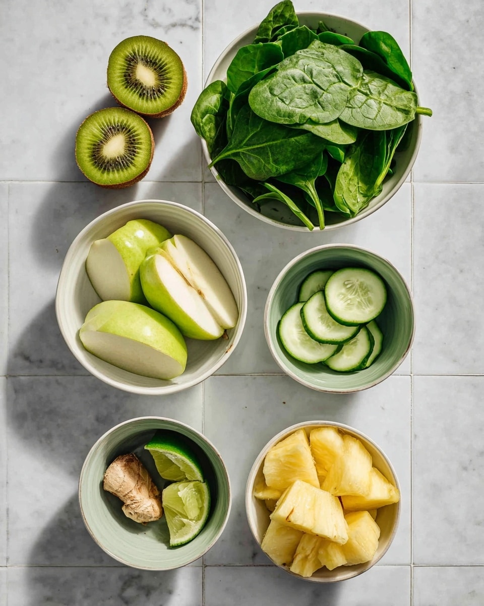 Six white bowls of different sizes are arranged on a white marbled tile surface. The largest bowl at the top right is full of fresh green spinach leaves with visible veins and stems. To the top left, a medium bowl holds two halves of a brown kiwi with bright green inside and black seeds. Below it, another medium bowl contains quartered pieces of a green apple showing a pale green and white inside with seeds. To the right of the apple bowl, a small bowl has thin round cucumber slices, light green with tiny seeds. At the bottom right, a medium bowl is filled with chunks of yellow pineapple and slices of banana with light yellow color. At the bottom left, a small bowl holds a wedge of green lime and a small piece of brown ginger root. The lighting is bright and natural, photo taken with an iphone --ar 4:5 --v 7