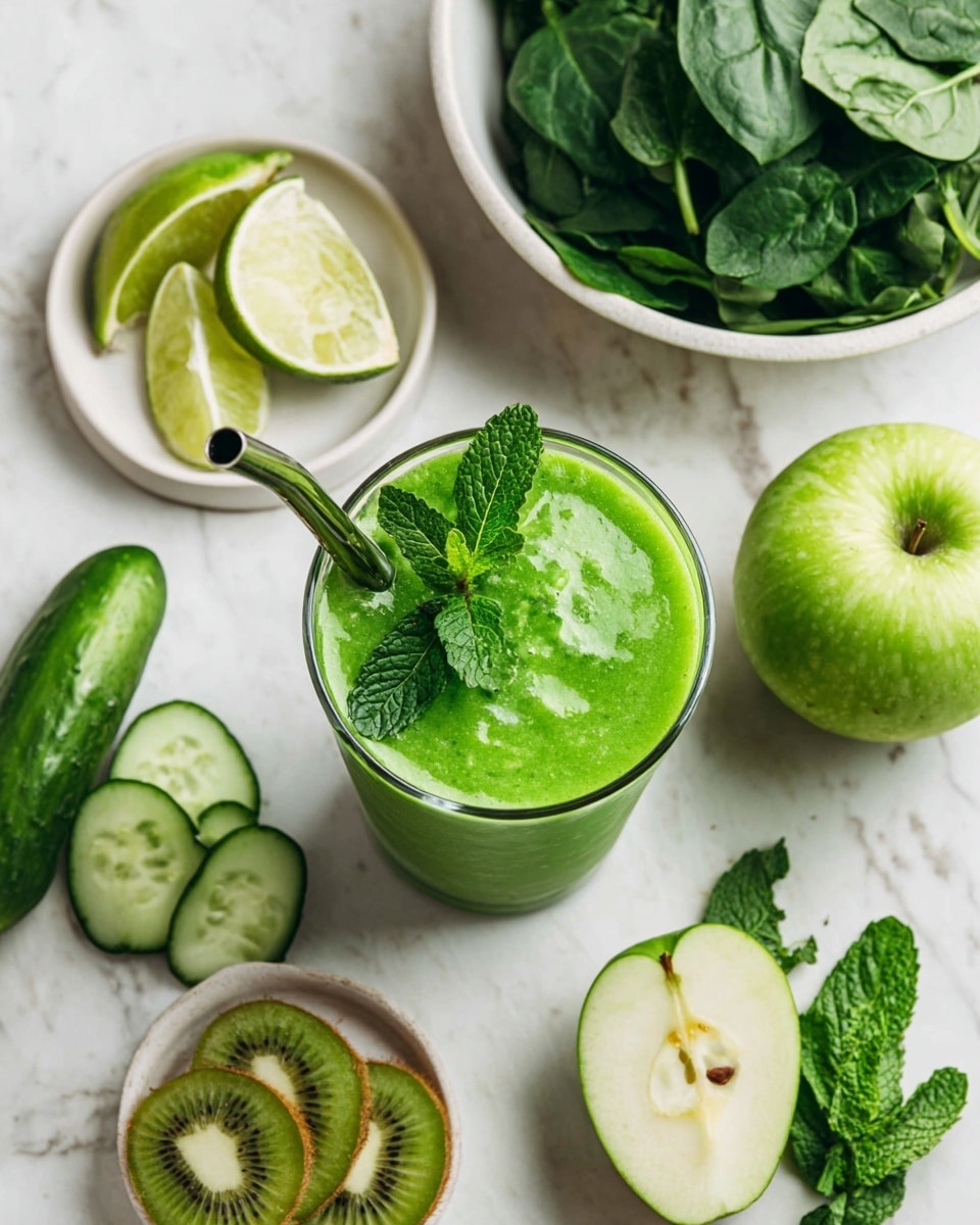 A bright green smoothie is in the center of the image, in a clear glass with a metal straw, topped with fresh green mint leaves. Around the glass, there are fresh green ingredients placed on a white marbled surface: a whole lime and lime wedges on a small white plate at the top left, a large bowl full of dark green spinach leaves on the top right, half a green apple with the inside facing up on the right side, three slices and a half cucumber near the bottom left, fresh mint leaves near the bottom left corner, and three pieces of cut kiwi fruit on a small white plate near the bottom center. The colors are fresh, green, and natural, with a clean and bright look. photo taken with an iphone --ar 4:5 --v 7