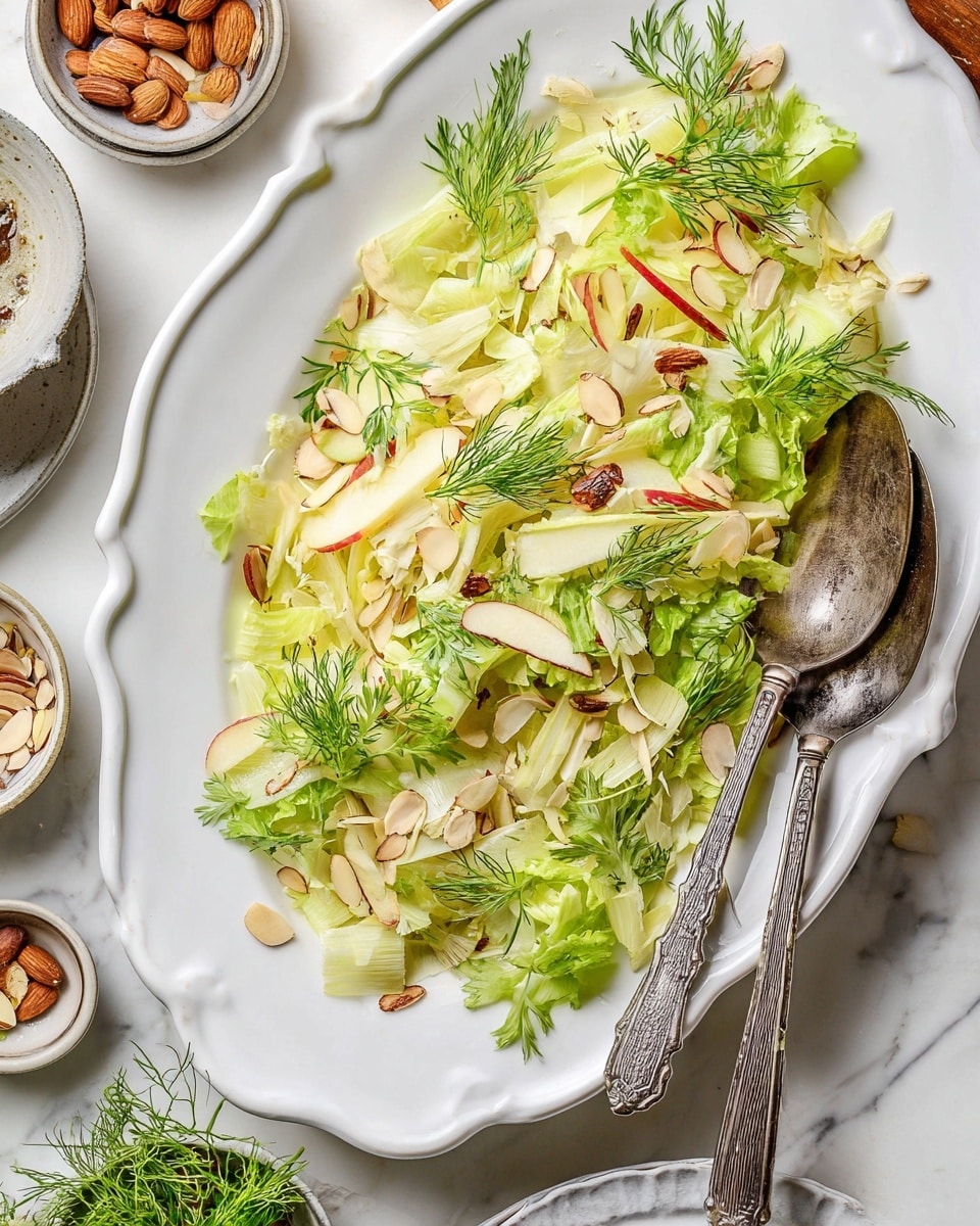 The dish is a fresh salad served on a white plate with scalloped edges. The salad has multiple layers starting with light green celery slices and pale yellow fennel pieces as the base. Thin strips of red apple with skin add red details scattered throughout. Bright green celery leaves and sprigs of delicate dill are placed on top, adding texture and depth. Sliced almonds are spread on the salad, showing their light brown and beige tones. Metal salad tongs rest on the plate, with a slightly worn look. The setting includes small bowls with salad ingredients around the plate, all on a white marbled surface. Photo taken with an iphone --ar 4:5 --v 7