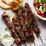 Lamb Souvlaki with Tzatziki, Pita, and Greek Salad Recipe