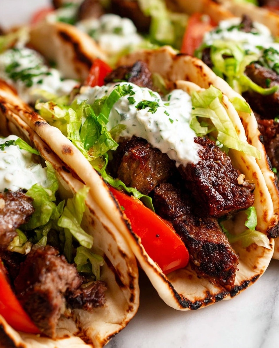 The image shows five skewers of grilled meat placed in a row near the top of a white tray lined with parchment paper on a white marbled surface. The meat is dark brown with a slight char and some green herb leaves scattered on and between the skewers. Below the skewers are four round pieces of flatbread, light beige with brown spots, stacked slightly overlapping from left to right. On the left, there are slices of bright red tomatoes with chunks of white cheese next to them. In the middle bottom, there is a small pile of shredded green lettuce. On the right side, there is a small white bowl filled with a fresh salad of diced cucumbers, tomatoes, red onions, black olives, and white cheese crumbles. Above the salad bowl is a smaller white bowl containing a creamy white sauce with small green herb pieces and a spoon inside. Near the skewers, there are two halves of grilled lemon with char marks. Photo taken with an iphone --ar 4:5 --v 7