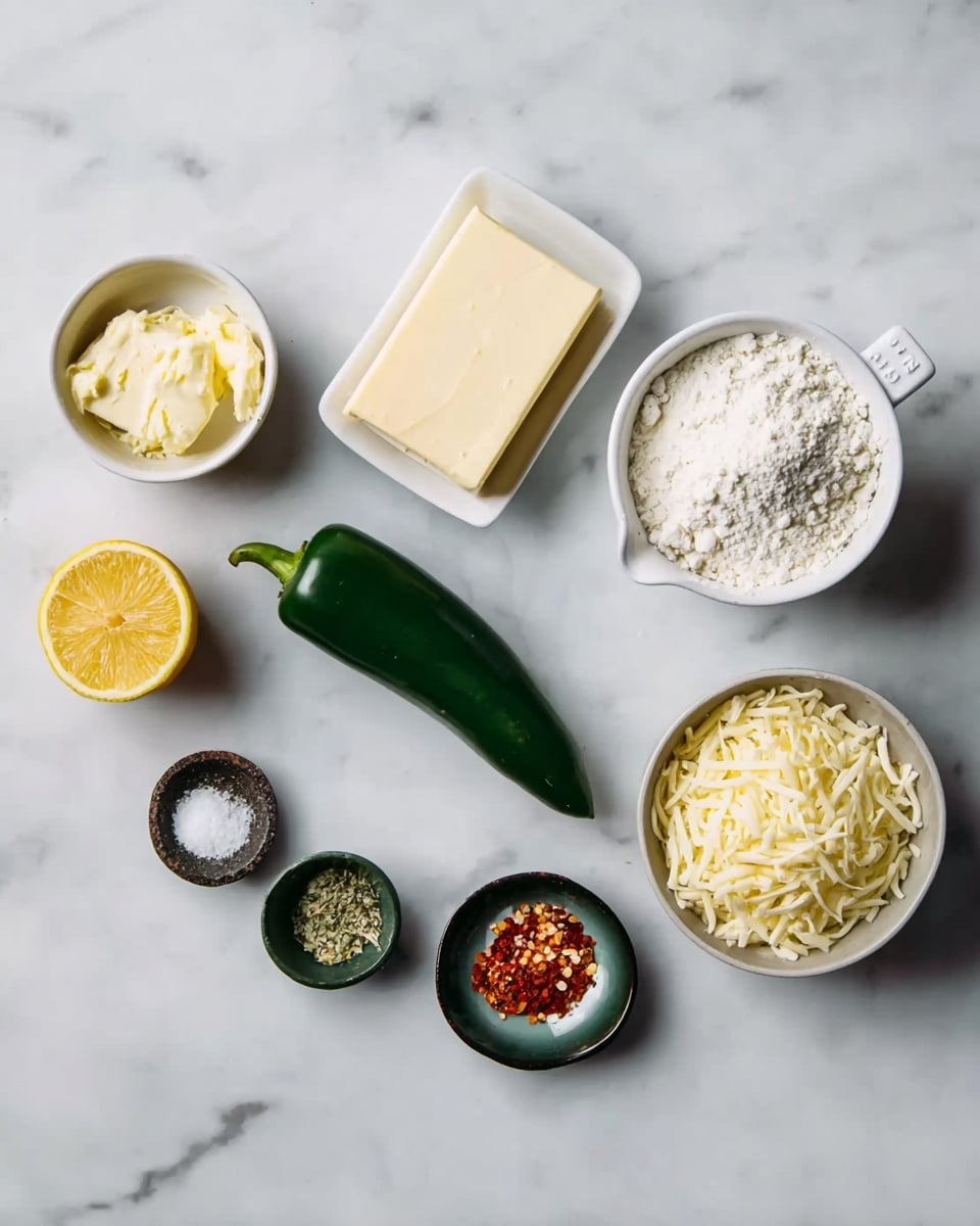 The image shows various cooking ingredients arranged neatly on a white marbled surface. There is a small white bowl with a yellowish spread on the bottom left, a half lemon with bright yellow color next to it, and a whole green jalapeno pepper placed horizontally in the center. Above the jalapeno, there is a small white dish holding a slab of pale yellow butter. To the right, a white measuring cup filled with white flour sits, and next to it is a white bowl filled with shredded pale yellow cheese. There is also a small green dish with coarse salt on the top left, a small black dish with red and white powdered spices near the jalapeno, and a small round dish with a mix of green, red, and white flakes above the butter. The overall scene is bright with clear details. Photo taken with an iphone --ar 4:5 --v 7