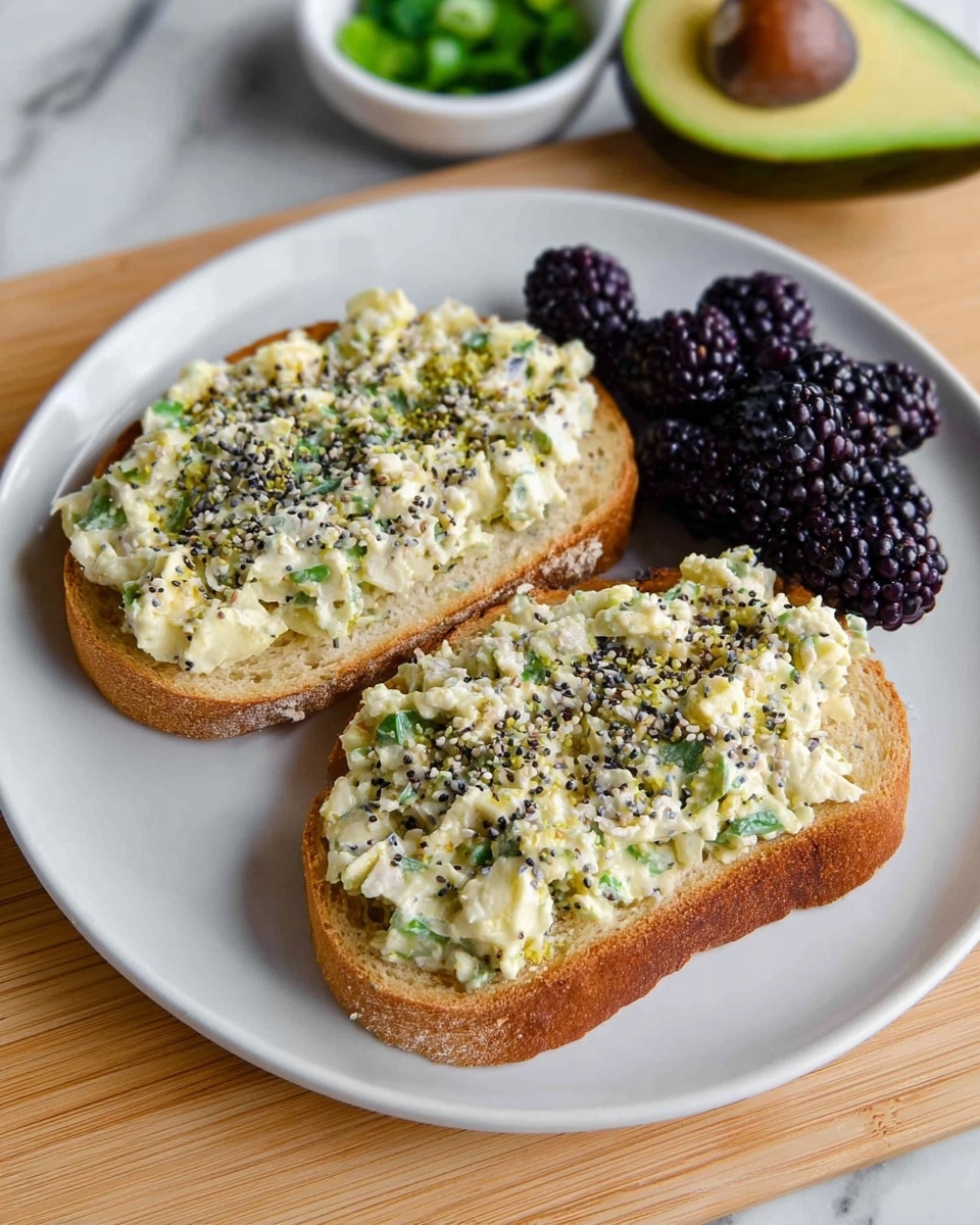 Two slices of toasted bread form the base on a white plate, each generously topped with a creamy, chunky spread mixed with small green bits and light yellow pieces. A mix of black and white seeds is sprinkled evenly on top of the spread, adding texture. On the side of the plate, there are several dark purple blackberries arranged in a small cluster. A small white bowl with bright green sliced scallions is partially visible in the background, along with a halved avocado showing a smooth, green inner layer and a brown seed. The plate is placed on a light wooden surface with a white marbled texture underneath. photo taken with an iphone --ar 4:5 --v 7